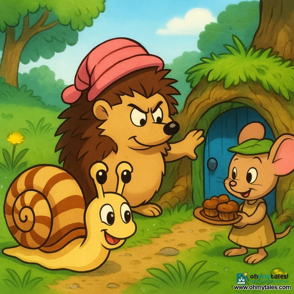A smiling, amazed snail with a shiny beige-and-brown striped shell and big glossy eyes slides toward a tiny blue door hidden in dewy grass; a grumpy-but-amused round hedgehog with brown-and-cream spines and a striped pink slipper on its head stands behind the snail pushing the door; a small large-eared mouse in a green leaf hat and burlap dress offers a plate of acorn cakes from inside the ajar door; morning meadow with dandelions, pebbles and a dirt path, the tiny door set in mossy twisted roots; main scene: the snail and hedgehog emerge together as the door closes behind them, laughter visible, soft morning light, playful warm atmosphere.