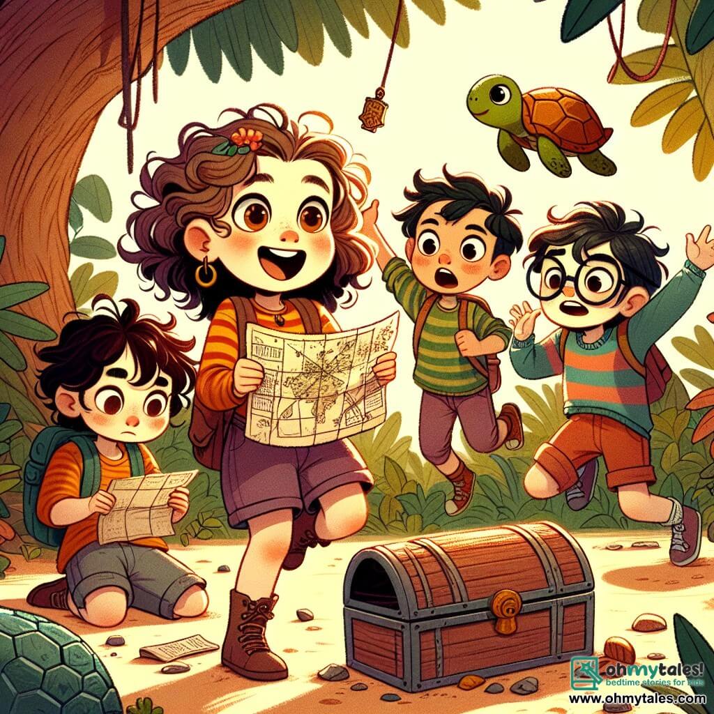 A 9-year-old girl named Daisy, with big brown eyes sparkling with curiosity and curly hair cascading over her shoulders, holds an old treasure map in her hands. She has a wide smile, full of excitement and wonder. Next to her is her best friend Leo, a 9-year-old boy with messy hair and a colorful striped t-shirt, jumping for joy with his arms raised, ready for adventure. A little further away, Mia, a 9-year-old girl with long, smooth hair, watches in fascination a large turtle-shaped rock, while Sam, a 9-year-old boy with glasses and a serious expression, takes notes in a small notebook, his brows furrowed in concentration. The setting is a lush forest bathed in golden light, with majestic trees displaying bright green leaves and sunlight filtering through the branches, creating dancing shadows on the ground. Colorful flowers dot the path, adding a touch of magic to the environment. The main scene shows Daisy and her friends discovering a small wooden chest buried under leaves, their faces lit up with surprise and excitement as they prepare to open it together, eager to uncover the hidden treasure inside.