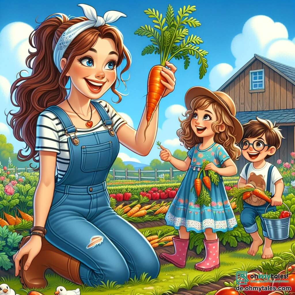 Eine Landwirtin namens Anna, etwa 30 Jahre alt, mit langen braunen Haaren, die zu einem Pferdeschwanz gebunden sind, lächelt fröhlich und hält eine frisch geerntete Karotte aus ihrem Garten. Sie trägt eine Jeanslatzhose und ein gestreiftes T-Shirt sowie Gummistiefel. Neben ihr steht ein 8-jähriges Mädchen namens Mia mit lockigem, blondem Haar, das neugierig die Karotte betrachtet. Sie trägt ein buntes Kleid und Sandalen. Ein 7-jähriger Junge namens Max mit braunen Haaren und Brille nähert sich lachend und hält einen Eimer voller Gemüse. Die Szene spielt in einem bunten Gemüsegarten mit Reihen von roten Tomaten, orangefarbenen Karotten und gelben Paprika unter einem klaren blauen Himmel mit einigen weißen Wolken. Im Hintergrund sieht man eine rustikale Holzscheune und Farmtiere wie Hühner und Kühe, die zur fröhlichen Atmosphäre beitragen. Die Hauptsituation zeigt Anna und die Kinder, die gemeinsam Gemüse ernten und dabei lachen, was die Liebe zur Natur und Teamarbeit auf dem Bauernhof verdeutlicht.