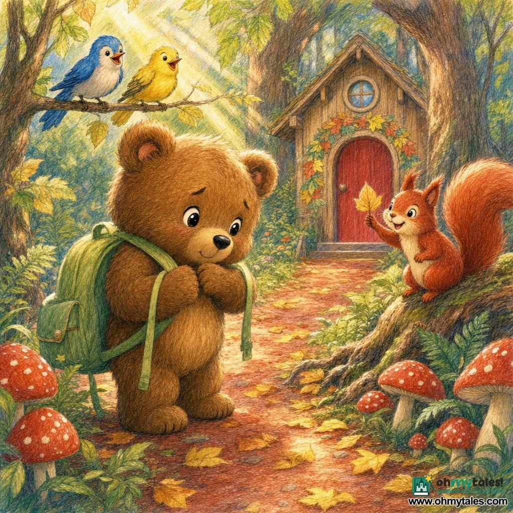 A small fluffy brown bear cub stands in the foreground, shy yet determined with bright eyes, adjusting a strap on a light green backpack; a bright red squirrel on a nearby root smiles and waves a leaf, encouraging him, while two colorful birds, blue and yellow, perch above chirping; a russet dirt path strewn with golden leaves and edged with red-spotted mushrooms and ferns leads through sunlit trees to a small wooden school with a red door and round window hung with leaf garlands, and the cub takes a deep breath, ready to step toward the door.