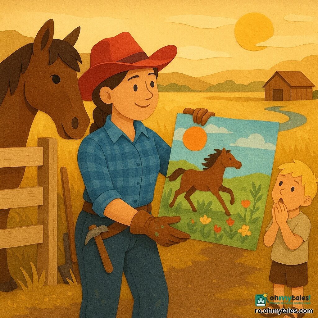 O femeie cowgirl cu fața rotundă și zâmbitoare, păr brun împletit și pălărie roșie, cu o expresie mândră și blândă, întinde ambele mâini să agațe o pânză mare pictată pe stâlpul porții; poartă o cămașă în carouri albastră, mănuși de piele uzate, cizme prăfuite și o curea cu un ciocănel mic, cu pete de vopsea pe degete. Un băiat de 7 ani, blond, în haine simple și sandale, privește uimit de pe drumul de pământ, cu mâinile la gură. Un cal maro numit Tobin, mare și liniștit, cu botul aproape de umărul fetei și urechile îndreptate spre ea, o privește blând. Locul e o fermă pe o pajiște la amurg, cu poartă din lemn deschis, câmpuri de iarbă înaltă aurie și un pârâu argintiu în dreapta; lângă hambar sunt câteva cizme și unelte. Cowgirl-ul agață o pânză colorată cu un soare, un cal în alergare și o grădină mică; vântul o flutură și ridică praf auriu, iar băiatul și calul privesc cu admirație.