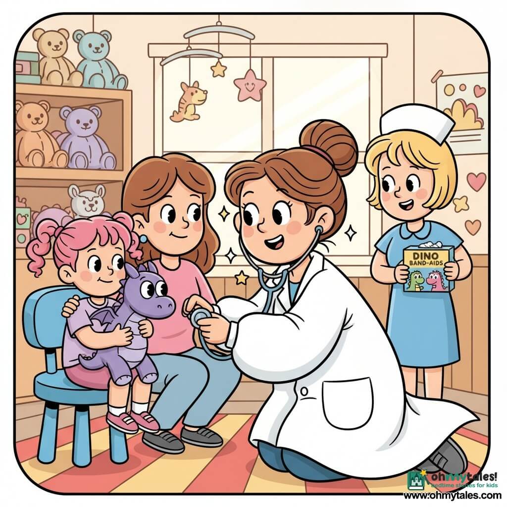A smiling woman doctor (Dr. Maya) with a round face and loose brown bun, wearing a slightly oversized white coat, leans to child height to listen with a stethoscope to a large purple dragon plush; a shy 5-year-old girl (Sophie) with curly hair and pink braids sits left on a blue chair clutching the plush and watching in wonder; a smiling nurse (Linda) with short blond hair stands behind the doctor offering a box of dinosaur bandages to the right; a warm-faced mother with chestnut hair crouches by Sophie with a reassuring hand on her shoulder. The small consultation room is colorful—cream walls with hanging animal mobiles, a wooden shelf of stuffed toys, a red-and-yellow striped rug and soft morning light—creating a gentle, safe atmosphere with bright playful details like shiny stickers and a gleaming stethoscope.