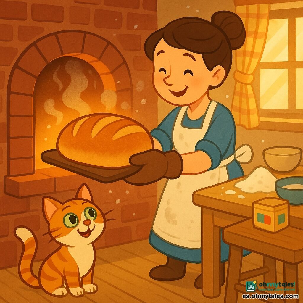 Lola, mujer adulta sonriente y amable, cabello castaño recogido, con delantal blanco algo enharinado, saca una gran bandeja de panes dorados del horno con guantes de tela; Pancho, gato macho rojizo y blanco de ojos verdes, sentado junto a sus pies mirando los panes y moviendo la cola; horno de ladrillo rojo abierto con luz cálida y vapor, mesa de madera clara con harina, cuencos y caja de etiquetas coloridas; escena matinal acogedora: panes crujientes, harina en pequeñas nubes, colores cálidos, texturas suaves y rayos de sol que atraviesan una ventana con cortina de cuadros.