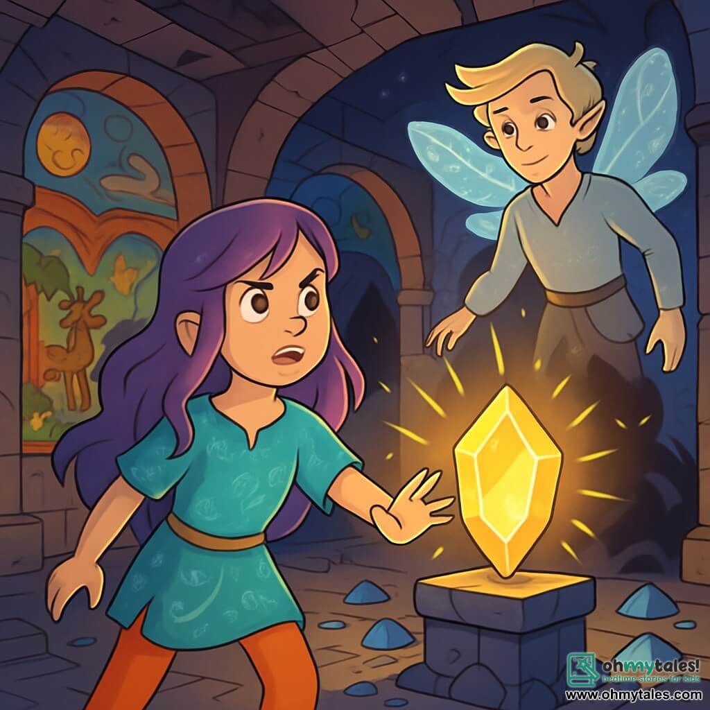A 12-year-old girl, Elara, stands in the center of a large ancient room, her eyes shining with determination and wonder. She has long, wavy, bright purple hair and wears a light tunic adorned with sparkling magical patterns. Her hands are outstretched towards a magnificent glowing crystal, the Harmony Stone, pulsing with golden light. Beside her, Zephyr, a majestic Lumina, floats slightly in the air. He appears about 15 in human years, with translucent wings that shine like stars. His gaze is filled with wisdom and encouragement as he watches Elara with pride. The room is filled with ancient ruins, stone walls covered in colorful frescoes depicting scenes of magic and nature. Crystal debris sparkles on the floor, and soft light filters through cracks in the ceiling, creating a mystical atmosphere. Elara is preparing to confront a threatening shadow emerging from the darkness, ready to defend the Harmony Stone and restore balance to her world.