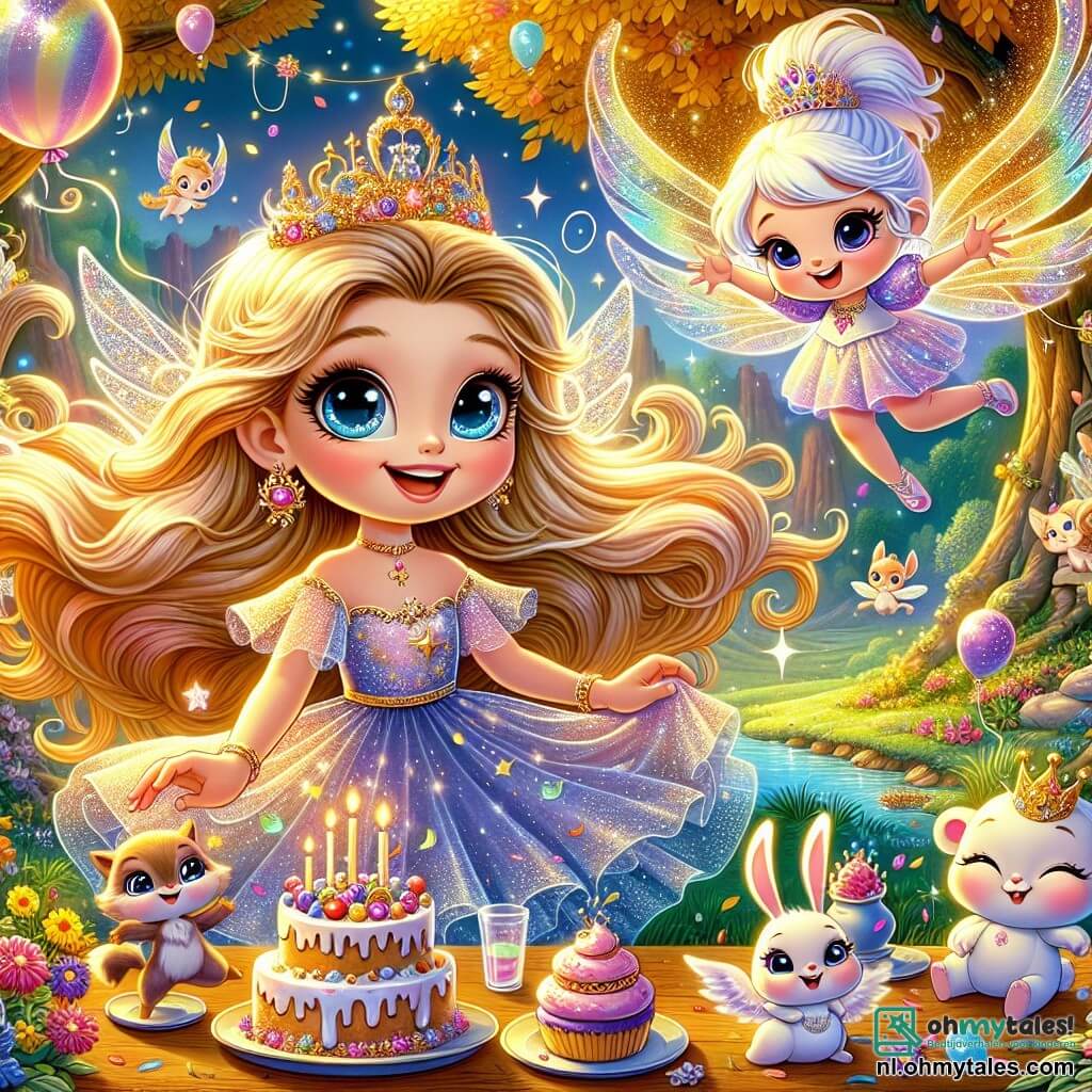 Prinses Lila, een meisje van ongeveer 8 jaar, heeft grote sprankelende ogen en lang golvend haar dat glanst als gouden draden. Ze draagt een sterrenjurk die schittert in de zon, en ze glimlacht vrolijk terwijl ze een groot stuk kleurrijke taart vasthoudt. Naast haar zweeft Gigi, een ondeugende geest, met een glimlachend gezicht en doorschijnende vleugels die fonkelen, terwijl hij confetti rondstrooit. De locatie is een betoverende open plek, omringd door majestueuze bomen met gouden bladeren en een prachtige rivier die schittert als diamanten. Kleurrijke bloemen dansen op de wind, en nieuwsgierige dieren zoals konijnen en eekhoorns verzamelen zich om hen heen, aangetrokken door het feest. De hoofdscène toont Lila en Gigi die een groot feest organiseren voor de bosdieren, met zwevende ballonnen en een grote tafel vol lekkernijen. Ze zingen en dansen vrolijk, waardoor een sfeer van geluk en magie ontstaat in dit betoverde koninkrijk.