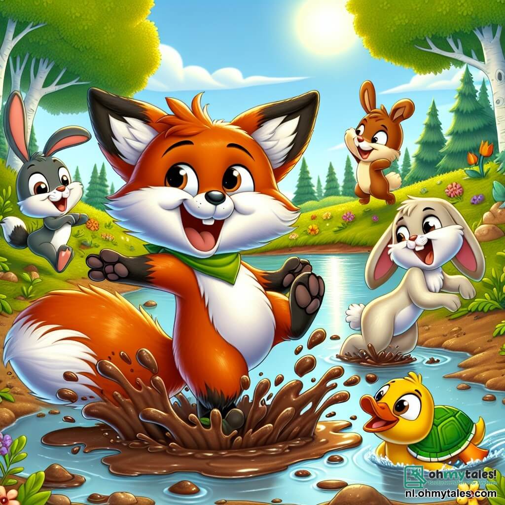 Een kleine oranje vos genaamd Felix, met een glanzende vacht en een grote pluizige staart, staat in het midden van de afbeelding, vrolijk lachend terwijl hij in een grote modderpoel springt en aarde om zich heen spettert. Naast hem speelt een groep van drie konijnen met grote oren, met witte en bruine vachten, terwijl een van hen, Kiki, ondeugend springt, terwijl de twee anderen, met blije gezichten, Felix verwonderd aankijken. Een gele eend, Daan, zwemt vrolijk in een nabijgelegen vijver en spettert water met zijn vleugels, terwijl een groene schildpad, Timo, langzaam naar de groep toe komt, met een glimlach op zijn gezicht. De achtergrond is een zonnig bos, met bomen met heldergroene bladeren en kleurrijke bloemen, en op de achtergrond een glinsterende rivier waar zonreflecties te zien zijn. De scène toont Felix en zijn vrienden die plezier hebben in de modder, wat een vrolijke en speelse sfeer creëert, vol gelach en kameraadschap.