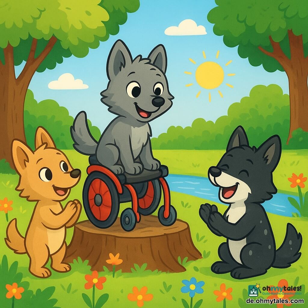Ein kleiner Wolf namens Finn, mit weichem grauem Fell und neugierigen leuchtenden Augen, sitzt auf einem alten Baumstamm, ein stolzes Lächeln auf seinem Gesicht. Er hat einen kleinen roten Rollwagen, der ihm beim Bewegen hilft, und schaut bewundernd zu seinen Freunden. Neben ihm steht eine kleine Wölfin namens Lale, mit hellbraunem Fell und funkelnden Augen, die ihn ermutigend anfeuert, ihr Gesichtsausdruck ist fröhlich und voller Begeisterung. Ein anderer Wolf, Jonas, mit schwarzem Fell und weißen Flecken, sitzt auf dem Boden, lacht und applaudiert Finn, sein Gesicht strahlt vor Stolz. Die Szenerie ist eine schöne sonnige Lichtung, umgeben von großen Bäumen mit leuchtend grünen Blättern, und bunten Blumen, die im Wind tanzen. Im Hintergrund funkelt ein Bächlein unter den Sonnenstrahlen und verleiht der Szene einen Hauch von Magie. Die Hauptsituation zeigt Finn, den kleinen Wolf, auf dem Baumstamm, bereit zu springen mit Hilfe seiner Freunde und illustriert Mut und Freundschaft angesichts von Herausforderungen.