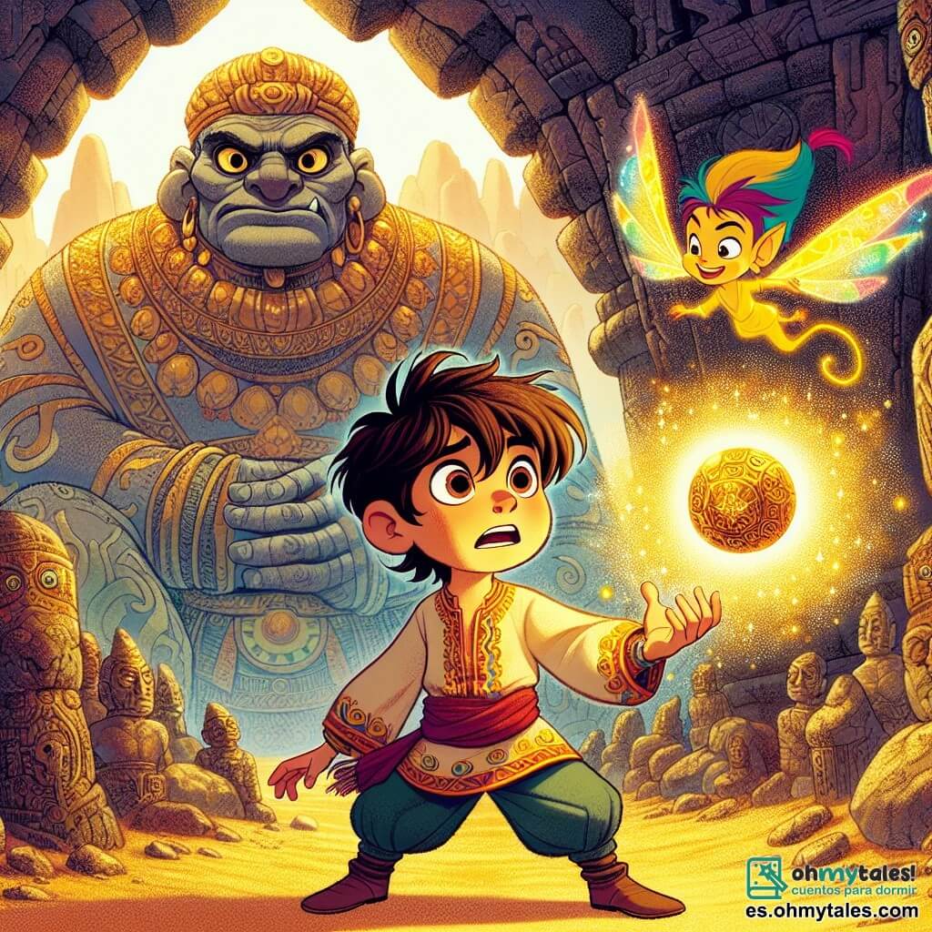 En el centro de la imagen, un joven llamado Gilgamesito, de seis años, se enfrenta valientemente a un gigante amenazante. Tiene el pelo castaño despeinado, ojos llenos de determinación y lleva una túnica colorida con motivos dorados. Su rostro refleja miedo y valentía, mientras sostiene un amuleto brillante en su mano, emitiendo una suave luz dorada. A su lado, un pequeño djinn llamado Zuzu, una criatura mágica con alas coloridas y una sonrisa traviesa, flota en el aire. Zuzu, que parece un niño pequeño con rasgos delicados, anima a Gilgamesito con gestos entusiastas, sus alas brillando bajo el sol. El escenario se sitúa en el misterioso Valle Olvidado, donde antiguas estatuas de piedra con rostros majestuosos y cuerpos imponentes los rodean. El suelo está cubierto de arena dorada, salpicada de flores brillantes y pequeñas piedras preciosas que destellan bajo la luz del sol. La situación principal muestra a Gilgamesito, con el corazón latiendo, desafiando al gigante que parece sorprendido por su audacia. El gigante, colosal y aterrador, retrocede ligeramente, mientras la luz del amuleto ilumina el paisaje, simbolizando el coraje y la esperanza.