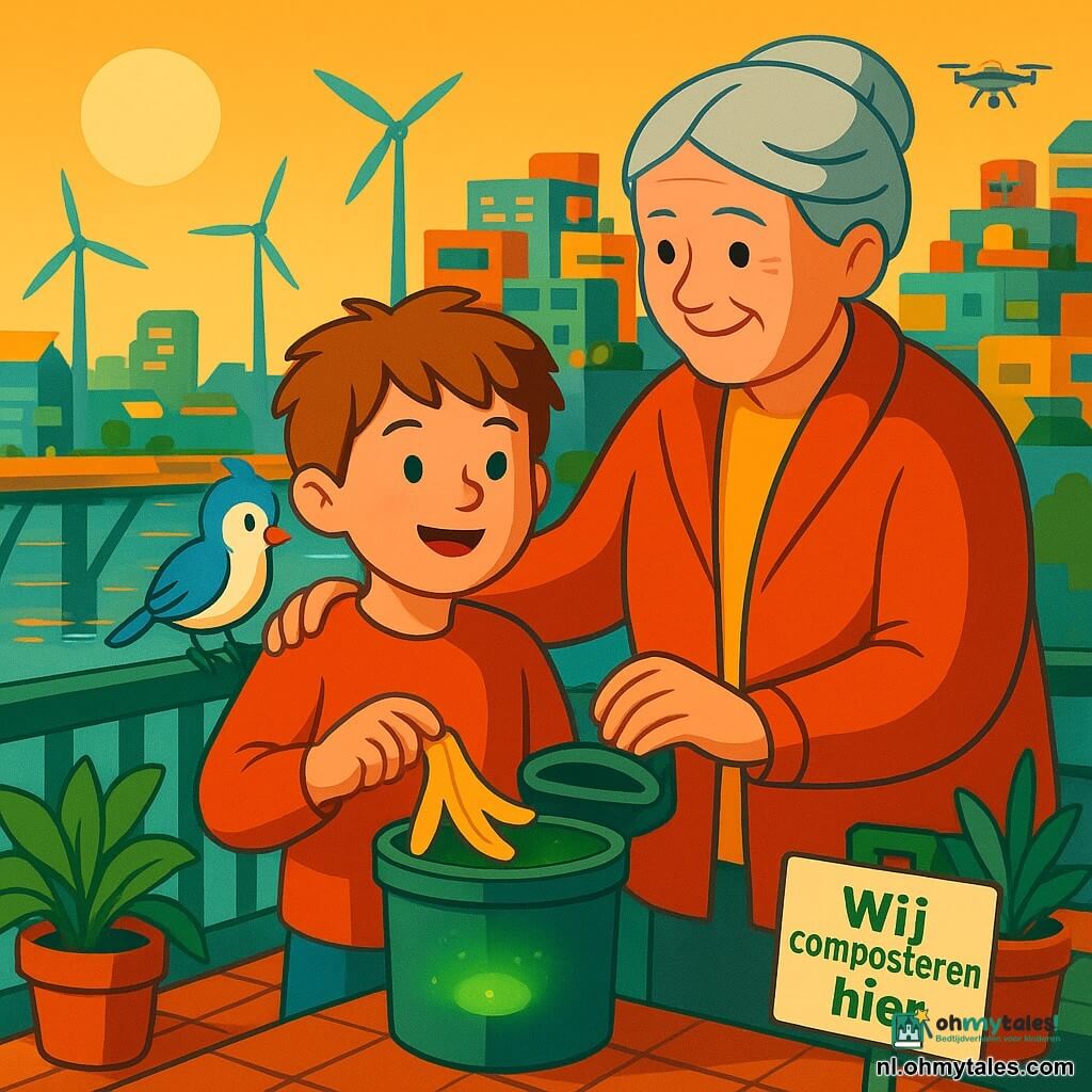 Een achtjarige jongen met rond gezicht en licht kastanjebruin warrig haar, nieuwsgierige heldere ogen en een verwonderde blije uitdrukking staat op een balkon en schuift een bananenschil in een klein metalen compostvat dat groen gloeít; rechts van hem een ongeveer 65‑jarige vrouw met grijs ingevlochten haar in een knot, warme kleurrijke kleding en een glimlach terwijl ze haar hand op zijn schouder legt en liefdevol naar het composter kijkt; op zijn linker schouder zit een klein blauw‑wit mannetje‑vogel met een guitige blik en licht opengespreide vleugel; op de achtergrond een futuristische drijvende stad met steigers, passerelles en grote windvleugels, gestapelde modulaire gebouwen, hangende plantenbakken en kleine drones; op het balkon plantenpotten, een zelfgemaakt bordje "Wij composteren hier!" en glanzende tegels; laag zonlicht met warme contrasten en zachte schaduwen; heldere grafische compositie, verzadigde kleuren, eenvoudige vormen en vlakke texturen voor een kindvriendelijke poster.