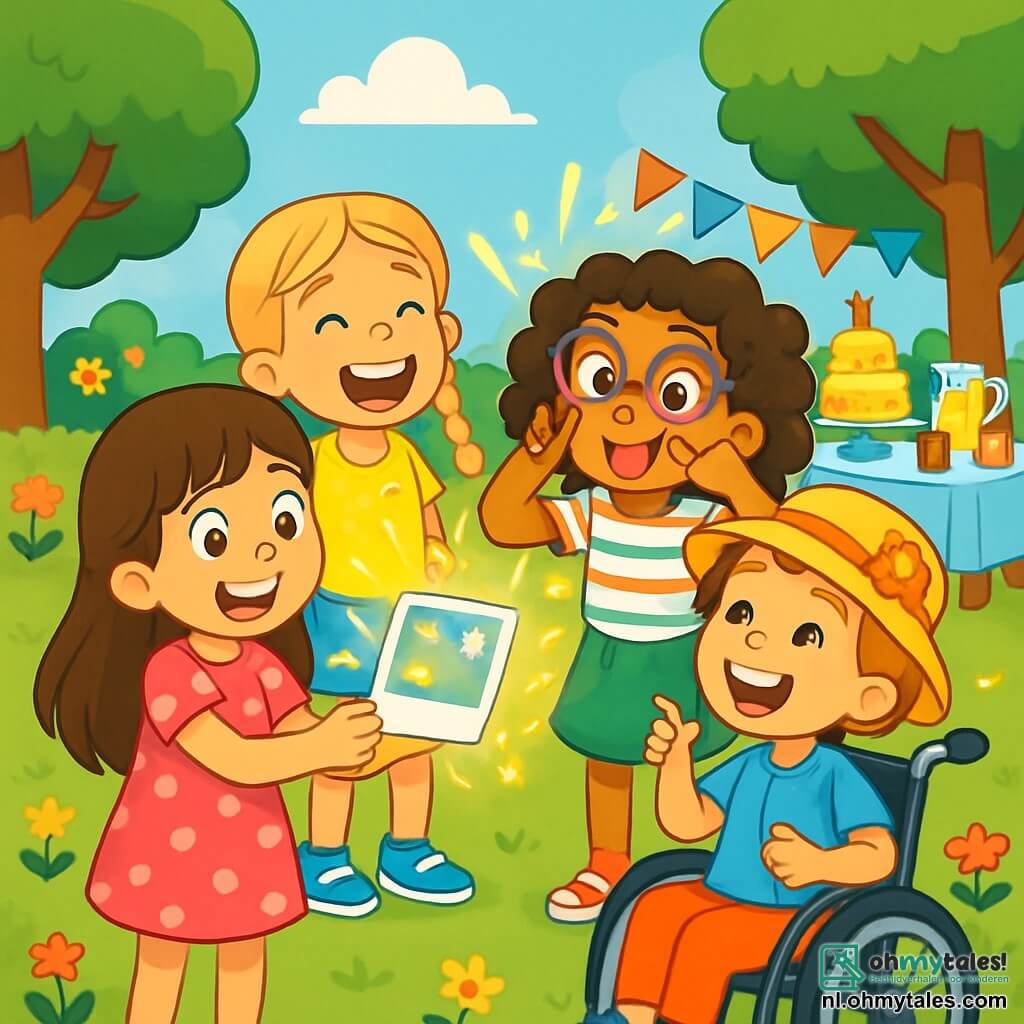Er zijn 4 kinderen: - Lila: Een 8-jarig meisje met lang bruin haar en sprankelende ogen. Ze draagt een roze jurk met stippen en houdt een magische foto vast. - Noor: Een 8-jarig meisje met blonde vlechten en een stralende glimlach. Ze draagt een gele t-shirt en een spijkerbroek, en ze lacht enthousiast. - Yara: Een 8-jarig meisje met krullend haar en een paar kleurrijke brillen. Ze draagt een groene rok en een gestreept t-shirt, en ze trekt een grappige gezicht. - Pien: Een 8-jarig meisje in een rolstoel, met kort haar en een bloemenhoed. Ze draagt een blauwe blouse en comfortabele broek, en ze glimlacht blij terwijl ze naar haar vriendinnen kijkt. De kinderen staan samen in een prachtig groen park, vol kleurrijke bloemen en majestueuze bomen. In de verte is een stralende blauwe lucht met fluffy witte wolken. Een grote tafel is gedekt met taarten, drankjes en kleurrijke versieringen om Vaderdag te vieren. De kinderen lachen en delen blije herinneringen, omringd door magie en licht, terwijl ze een speciaal cadeau voor hun papa's voorbereiden, met een feestelijke en warme sfeer.