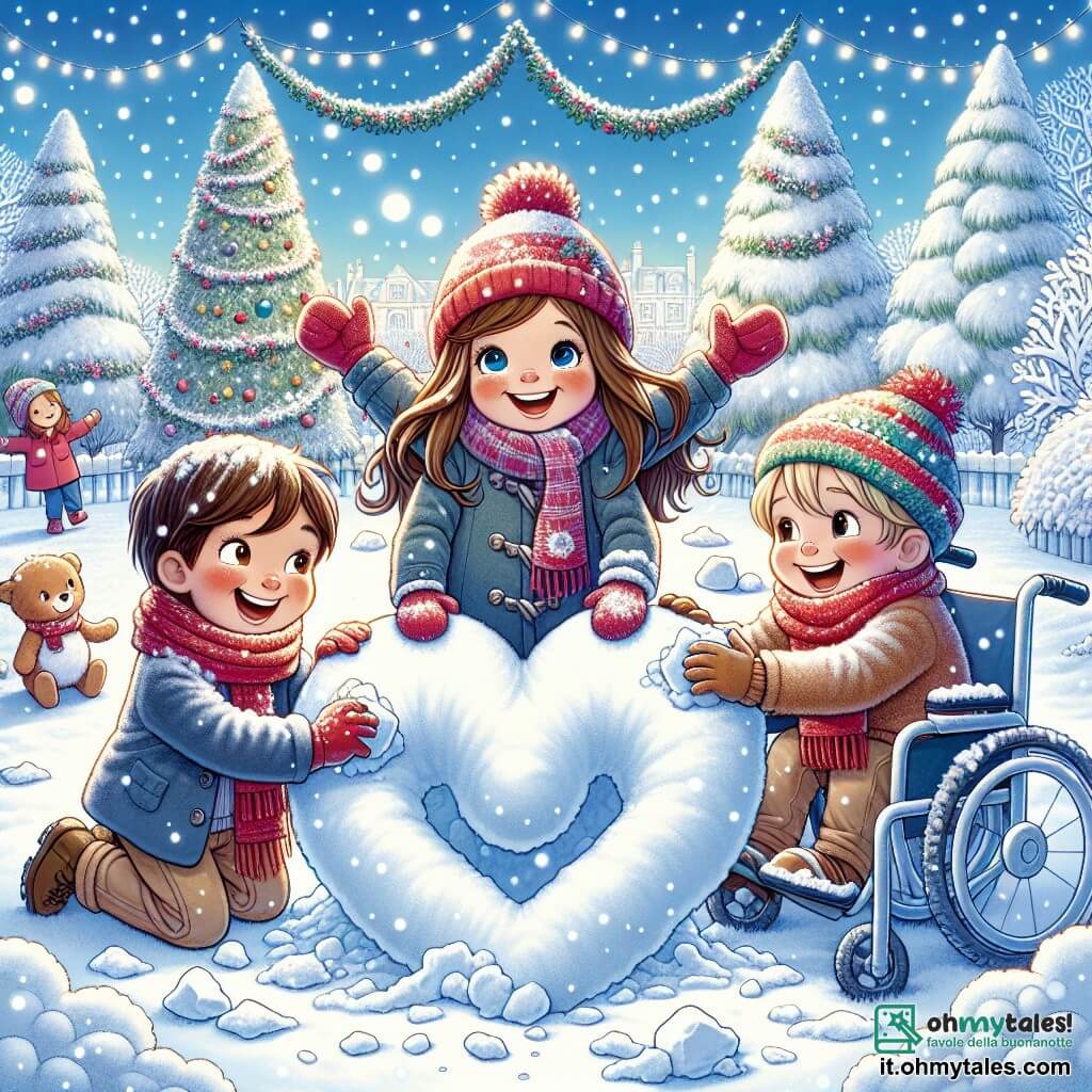 In un parco innevato, tre bambini felici stanno costruendo un grande cuore di neve. Luca, un ragazzo di 8 anni con capelli castani e occhi brillanti, è accovacciato a sinistra, ridendo mentre modella la neve con le sue piccole mani. Alla sua destra, Giulia, una ragazza di 7 anni con lunghi capelli biondi e un berretto rosso, canta sorridendo, con le braccia alzate verso il cielo. Marco, un ragazzo di 9 anni con capelli castani e una sciarpa colorata, è a destra, spingendo la sua sedia a rotelle, con un grande sorriso, pronto ad aggiungere neve al cuore. I bambini raccolgono la neve per creare un magnifico cuore, ridendo e cantando insieme, illustrando la magia dell'amicizia e dello spirito natalizio.