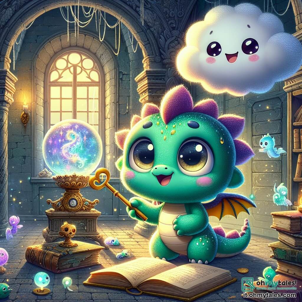 Fiammetta, una giovane drago con squame scintillanti di colore smeraldo, grandi occhi curiosi e un sorriso malizioso, si trova al centro di una stanza misteriosa, tenendo una chiave d'oro nella sua zampa. Esprime emozione ed determinazione, pronta a scoprire i segreti della casa abbandonata. Accanto a lei, Gocciolino, una nuvola sorridente dai contorni morbidi e cotonosi, fluttua gioiosamente, con occhi brillanti di entusiasmo. Osserva la scena con una leggera apprensione, chiedendosi cosa li attenda in questa avventura. Scaglie, un pesce volante dalle squame brillanti di blu e viola, svolazza attorno a loro, ridendo e gesticolando con grande energia, aggiungendo un tocco ludico all'atmosfera. La scena si svolge in una vecchia casa abbandonata, con muri coperti di ragnatele e finestre polverose, dove raggi di luce filtrano attraverso le crepe, illuminando libri antichi e oggetti dimenticati. Al centro della stanza, un globo di cristallo scintilla su un piedistallo, proiettando ombre misteriose sui muri. Fiammetta e i suoi amici hanno appena scoperto un cofanetto misterioso e si preparano ad aprire la porta di una camera segreta, pieni di eccitazione e curiosità, pronti a svelare il mistero che li circonda.