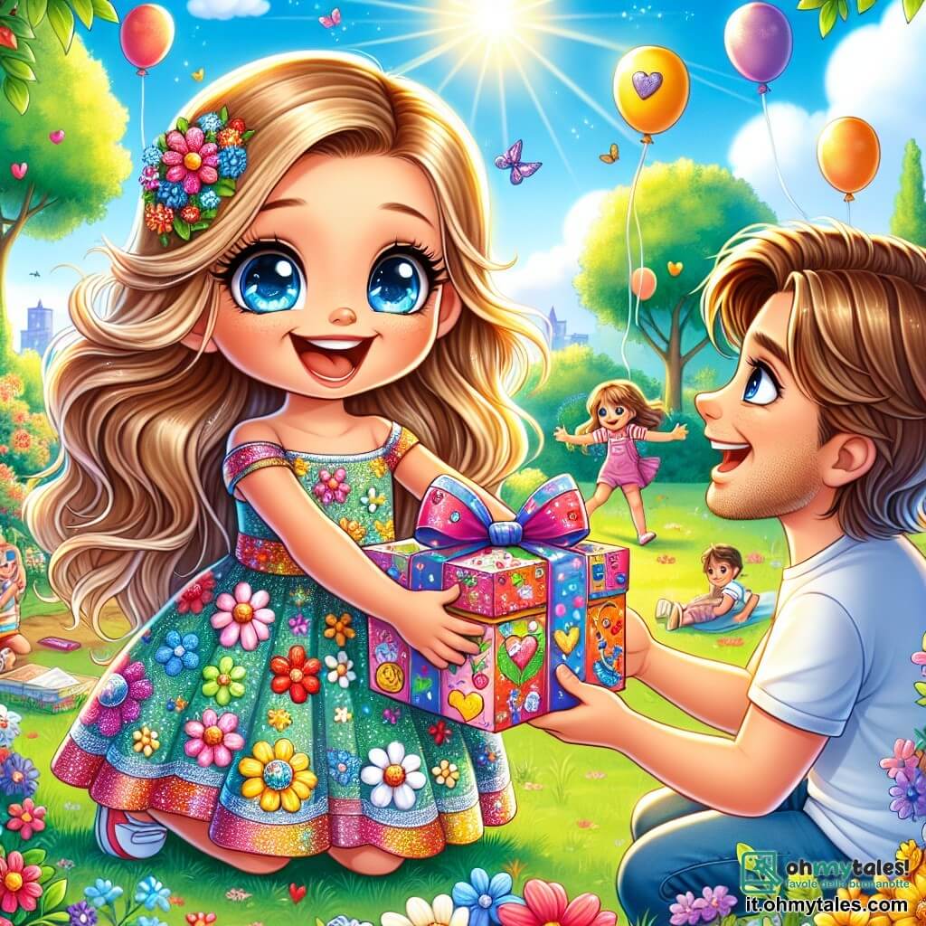Una bambina di 6 anni, Sofia, con lunghi capelli biondi e occhi azzurri brillanti, è al centro dell'immagine. Indossa un vestito colorato a fiori e mostra un grande sorriso, piena di eccitazione, mentre porge una scatola decorata con disegni e brillantini a suo papà. Accanto a lei, suo padre, un uomo di circa 30 anni con capelli castani e una leggera barba, è in ginocchio, guardando la scatola con meraviglia. Indossa una camicia casual e jeans, e il suo viso irradia gioia e amore. Sullo sfondo, un parco soleggiato è pieno di verde, con alberi maestosi, fiori colorati e bambini che giocano. Palloncini fluttuano nel cielo blu, aggiungendo un tocco festoso all'atmosfera. La scena principale mostra Sofia, felice, mentre offre il suo regalo fatto a mano a suo padre, che è commosso da questo gesto, creando un momento magico per la festa del papà.