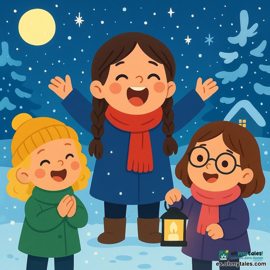 Hay 3 personajes: - Ana: una niña de 7 años, con largos cabellos castaños trenzados y una sonrisa radiante. Lleva una bufanda roja brillante y un abrigo azul. Está en el centro, levantando los brazos y cantando alegremente. - Lola: una niña de 6 años, con cabello rubio rizado y mejillas sonrosadas. Lleva un gorro de lana amarillo y una chaqueta verde. Está a la izquierda de Ana, aplaudiendo con entusiasmo. - Mía: una niña de 5 años, con cabello castaño y gafas redondas. Lleva una bufanda rosa y un abrigo violeta. Está a la derecha de Ana, sosteniendo una pequeña linterna que ilumina su canto. El lugar es un jardín nevado, lleno de copos de nieve brillantes bajo la luz de la luna. Hay árboles con ramas cargadas de nieve al fondo, mientras que una pequeña casa acogedora con luces doradas brilla a lo lejos. El suelo está cubierto de una gruesa capa de nieve, donde se pueden ver huellas y risas. La situación principal muestra a las tres niñas cantando juntas una dulce canción de Navidad, rodeadas de magia y alegría, bajo un cielo estrellado con estrellas brillantes que iluminan sus rostros felices. Copos de nieve caen suavemente alrededor de ellas, creando una atmósfera mágica y cálida.