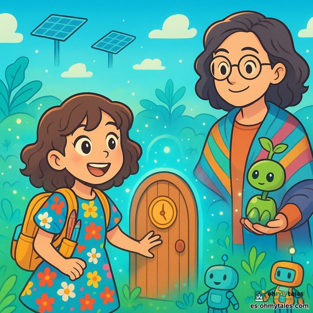 Una niña de 10 años, con cabello castaño rizado y ojos llenos de curiosidad, está frente a una pequeña puerta de madera decorada con un dibujo de reloj. Lleva un vestido de flores coloridas y una mochila llena de lápices y notas. Su rostro refleja asombro y emoción, con una sonrisa radiante. A su lado, una mujer de unos cuarenta años, la profesora Lina, con gafas redondas y un chal multicolor, observa la escena con una expresión amable. Ella sostiene un pequeño robot en forma de planta que brilla ligeramente, listo para ayudar. El entorno es un prado luminoso y futurista, lleno de plantas brillantes y robots de formas divertidas. El cielo es de un azul intenso, salpicado de nubes ligeras, y paneles solares flotan en el aire, emitiendo una luz suave. La escena principal muestra a la niña lista para cruzar la puerta misteriosa, rodeada de un aura de luz azul, mientras Lucías, pequeñas semillas luminosas, flotan a su alrededor, creando una atmósfera mágica e intrigante.