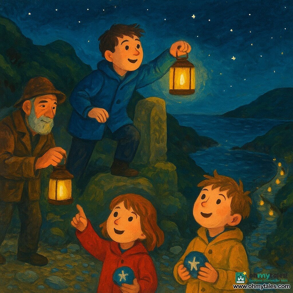 Tomas, a round-faced smiling man with tousled brown hair and a blue waxed coat, looks determined and awed as he climbs a small rocky promontory, placing his hand on an old carved stone post while holding a golden lantern that casts warm light; to his left a weathered sixty-year-old fisherman with a lined face, callused hands, brown jacket and worn hat lights a small lantern on a lower step and watches Tomas proudly; in the foreground on the beach an eight-year-old girl and a seven-year-old boy with messy hair and colorful coats hold painted stones with star symbols, pointing toward the sky; the cliff is edged with dark green seaweed, slick rocks, small hollows and a pebble path descending to a black, shimmering bay where a string of lanterns lines the edge; fog clears to reveal a starry sky reflected in the calm water, creating a gentle, hopeful atmosphere.