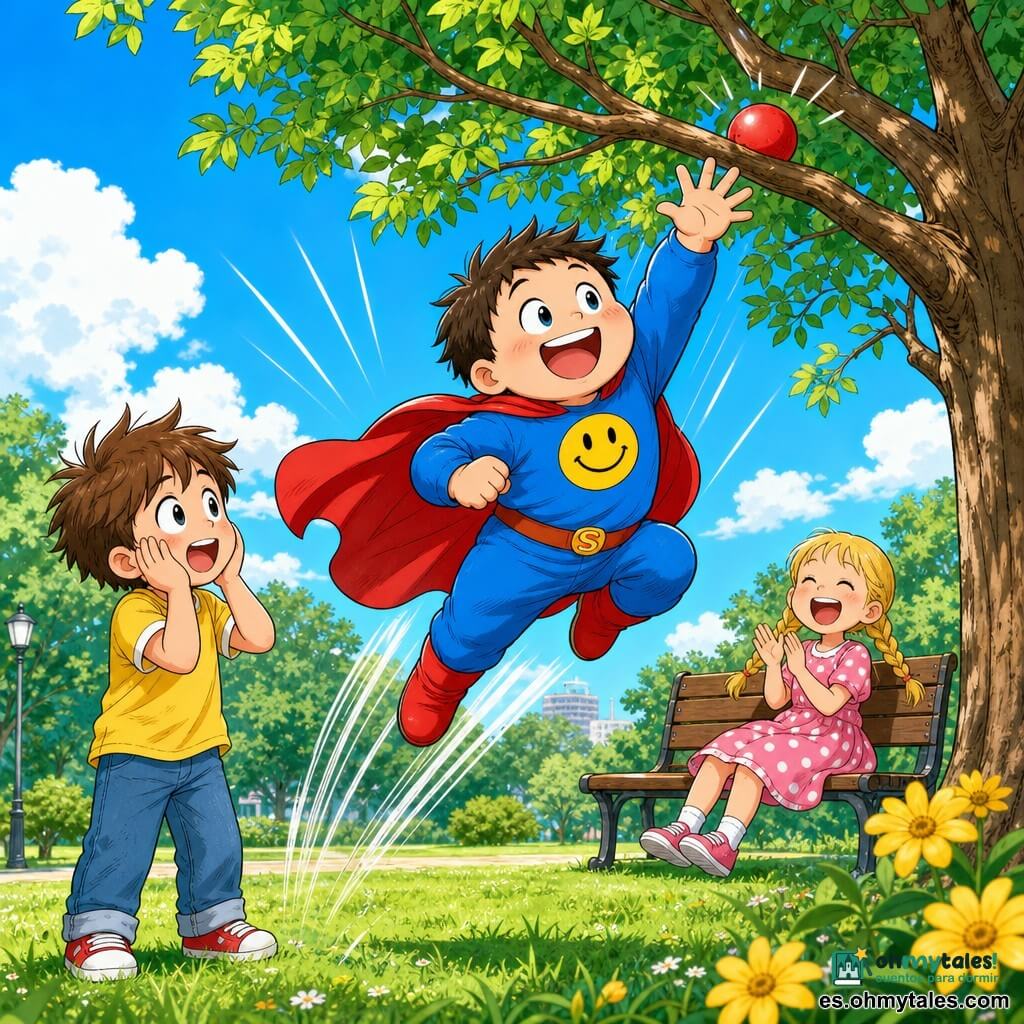Un superhéroe llamado SuperRisa, rostro redondo y sonriente, expresión alegre y traviesa, capa roja algo arrugada, traje azul vivo con un gran símbolo amarillo en forma de sonrisa; salta en el aire extendiendo la mano para alcanzar una pequeña pelota roja. A la izquierda, un niño de unos 7 años, cabello castaño despeinado, ojos redondos maravillados, manos en el rostro. Detrás, una niña de unos 6 años, vestido rosa con lunares blancos, trenzas rubias, riendo y aplaudiendo, sentada en un banco. Parque colorido y luminoso: césped verde, un gran árbol con ramas y hojas detalladas, cielo azul claro con algunas nubes blancas, flores amarillas y banco de madera marrón. La escena es cómica: la pelota roja atrapada en una rama baja que se mueve; SuperRisa salta con entusiasmo, capa al vuelo y líneas de movimiento; los niños ríen y miran, ambiente alegre y seguro.