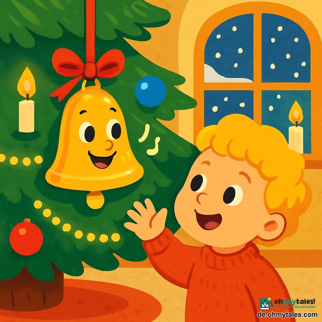 Eine kleine glänzende Metallglocke namens Lila hängt fröhlich an einem roten Band an einem Weihnachtsbaum. Sie hat funkelnde Augen und ein strahlendes Lächeln und erklingt mit einer sanften Melodie. Neben ihr schaut ein kleines Kind mit blonden, lockigen Haaren, das einen roten Wollpullover trägt, mit Staunen und Freude auf Lila. Es streckt die Hand aus, um sie zu berühren, während sein Gesicht im Licht der Kerzen strahlt. Der Baum ist mit glitzernden Girlanden und bunten Kugeln geschmückt, während ein weicher Teppich den Boden bedeckt. Draußen fallen sanft Schneeflocken, sichtbar durch ein mit Lichtern geschmücktes Fenster. Die Szene strahlt eine warme und festliche Atmosphäre aus, in der die Magie von Weihnachten mit Lichtblitzen und strahlenden Lächeln lebendig wird.