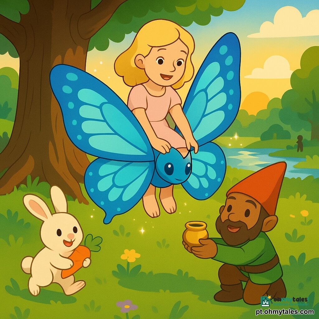 Lila, cabelos loiro-dourados, pele clara, sorriso terno, sentada nas costas de uma grande borboleta azul iridescente com padrões brancos e turquesa e pó de faíscas, segurando delicadamente as asas; um duende pequeno de roupa verde e marrom, barba curta castanha e chapéu vermelho pontudo, agachado ao pé de um grande carvalho com raízes à mostra, oferece um pote de mel dourado; um coelhinho branco de pelo fofo, olhos negros, segurando uma cenoura à esquerda da árvore, salta em agradecimento; lugar: clareira ensolarada em um bosque verde com relva e flores amarelas e roxas, riacho cintilante e lago ao fundo, nuvens suaves e luz dourada do pôr do sol; cena principal mágica, cores quentes e contrastantes, texturas suaves, composição centrada e legível para crianças.