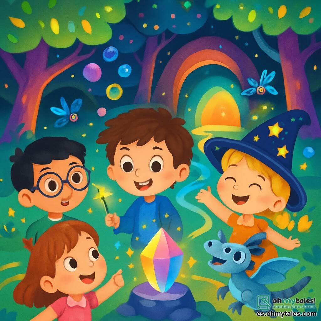 Hay 4 niños: - Leo: un niño de 5 años con cabello castaño desordenado y ojos brillantes de curiosidad. Lleva una chaqueta azul y sostiene una pequeña varita mágica que brilla. Está en el centro, sonriendo, listo para explorar. - Sofía: una niña de 5 años con cabello rubio trenzado y un gran sombrero lleno de estrellas brillantes. Baila alegremente alrededor de Leo, lanzando burbujas de colores. - Tomás: un niño de 5 años con gafas redondas y cabello negro. Lleva una camiseta verde y observa con asombro a través de sus gafas, admirando los detalles mágicos del paisaje. Está ligeramente retirado, a la izquierda de Leo. - Lila: una niña de 5 años con cabello pelirrojo y un vestido rosa. Se ríe mientras sostiene su pequeño dragón robot que vuela a su alrededor. Está a la derecha de Leo, señalando hacia el cielo. El lugar es un bosque encantado, lleno de árboles flotantes con troncos de colores y hojas luminosas que brillan como estrellas. Ríos de luz serpentean entre los árboles, y libélulas robóticas bailan en el aire. En el centro, una gran cueva emite luces multicolores, con un cristal brillante sobre una piedra en medio. La situación principal muestra a los niños bailando y cantando alrededor del cristal mágico, que comienza a brillar intensamente gracias a su alegría. Las burbujas de Sofía flotan en el aire, y el dragón robot de Lila revolotea alegremente, creando una atmósfera festiva y mágica.