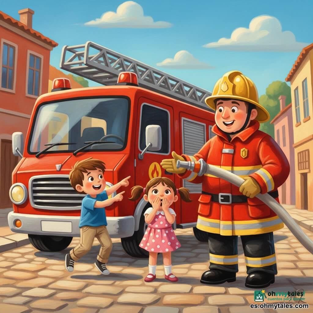 Un bombero sonriente y orgulloso, rostro redondo, piel clara, casco amarillo brillante, chaqueta roja con bandas reflectantes y pantalón negro, sostiene una gran manguera plateada y se la muestra a dos niños con gesto acogedor. Un niño, Pablo, ≈6 años, pelo corto castaño, camiseta azul y pantalón beige, salta de emoción junto al camión señalando la manguera. Una niña, Sofía, ≈5 años, con dos trenzas, vestido rosa con lunares blancos, manos en la boca y ojos abiertos, está junto a Pablo adelantándose hacia el bombero. Detrás, un gran camión de bomberos rojo y brillante con escalera en el techo, logo amarillo en la puerta y mangueras enrolladas visibles. Calle empedrada de un pequeño pueblo soleado, edificios coloridos y cielo azul claro con pocas nubes. Escena cálida y segura, colores primarios, formas redondeadas y rasgos suaves aptos para niños pequeños.
