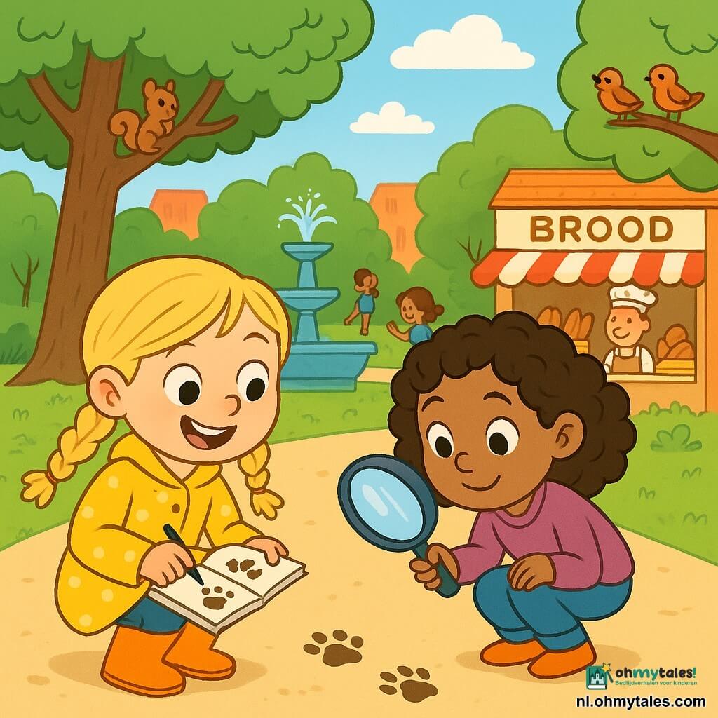 Een 6-jarig meisje, Lotte, met blonde vlechten en een grote nieuwsgierige glimlach, draagt een gele stippenjas en rubberen laarzen. Ze zit op haar hurken met een schetsboek in haar hand, haar ogen stralen van opwinding terwijl ze pootafdrukken op de grond tekent. Naast haar kijkt haar beste vriendin Noor, ook 6 jaar oud, met bruine krullen en sprankelende ogen, aandachtig toe met een vergrootglas in haar hand. Noor draagt een roze trui en een spijkerbroek en leunt iets naar voren, gefascineerd door de afdrukken. Hun onderzoek vindt plaats op een druk plein, omringd door grote groene bomen, met een fontein in het midden die zachtjes spettert, en een glimlachende bakker achter zijn toonbank vol met gouden broden. Kinderen spelen eromheen en vogels zingen in de takken. Lotte en Noor zijn vastbesloten om de verloren puppy Puk te vinden en onderzoeken aandachtig de aanwijzingen op de grond, vrolijk en vastberaden om het mysterie samen op te lossen.