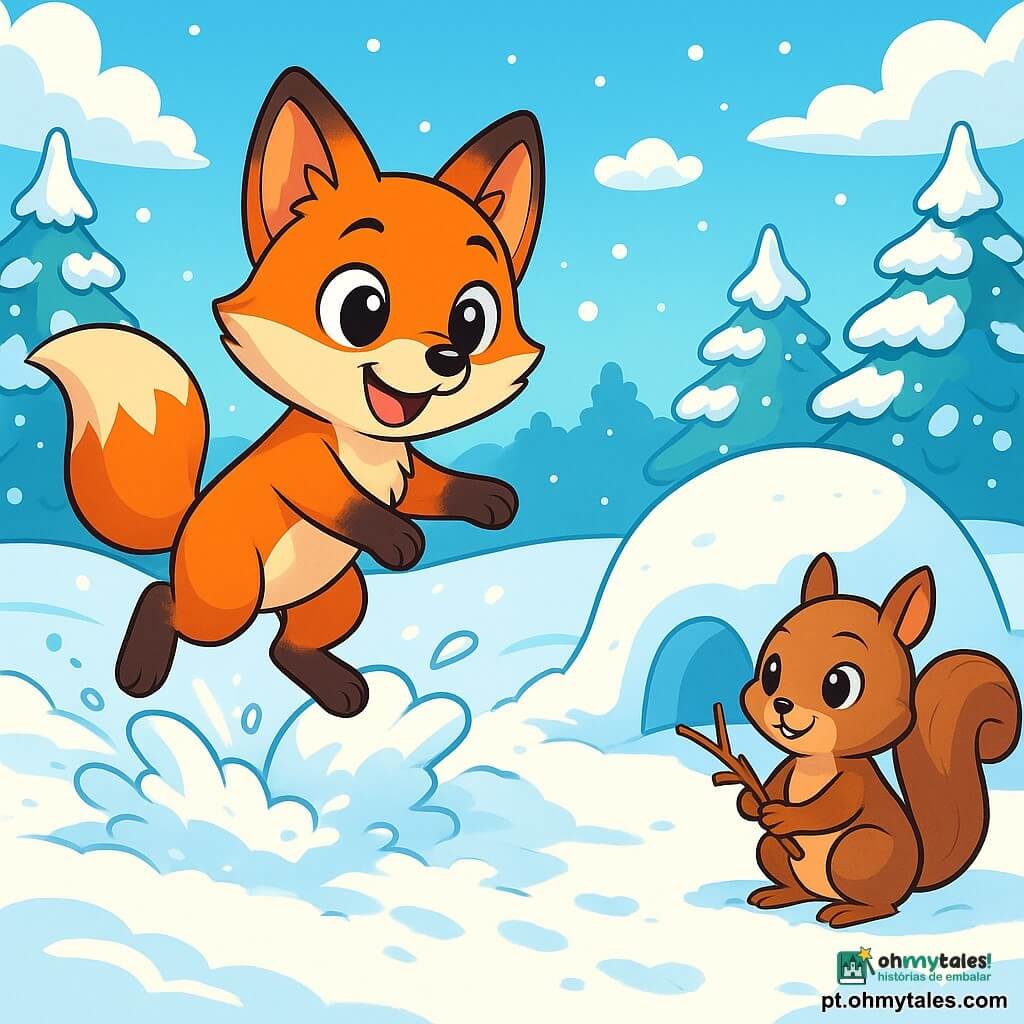 Um pequeno raposo com pelagem laranja brilhante, grandes olhos curiosos e um sorriso alegre, se diverte pulando em um montículo de neve, suas patas afundando na neve fofa, deixando rastros divertidos para trás. Perto dali, um pequeno esquilo, com uma cauda espessa e olhos brilhantes, observa Léo com um sorriso travesso, segurando um pequeno galho em suas patas, pronto para ajudá-lo a construir um forte de neve. O cenário é uma paisagem invernal encantadora, com árvores carregadas de neve, um céu azul claro salpicado de nuvens brancas, e o chão coberto por uma espessa camada de neve cintilante sob o sol de inverno. A cena mostra Léo e sua amiga criando um forte de neve, rindo e se divertindo, cercados por um mundo mágico e pacífico.