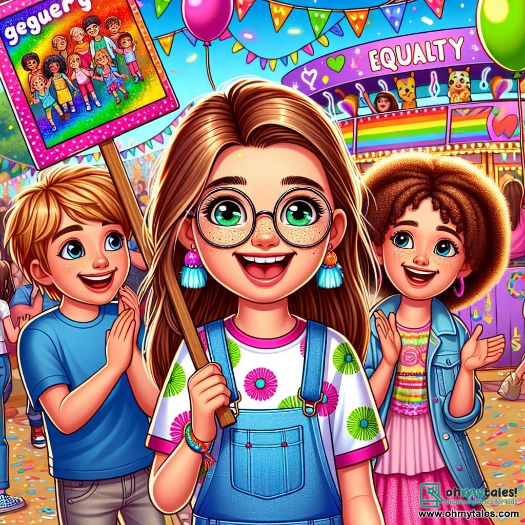 A 10-year-old girl, Lily, with long brown hair and round glasses, smiles enthusiastically, her eyes sparkling with joy. She wears a colorful t-shirt with a floral pattern and a denim skirt, holding a colorful poster about gender equality. Next to her, a 10-year-old boy, Max, with messy blonde hair and a blue t-shirt, claps with a big smile, while a 10-year-old girl, Emma, with curly hair and a pink dress, holds a decorated sign. In the background, a vibrant playground filled with colorful balloons, game booths, and festive decorations, where other children are having fun. The scene captures a joyful moment at the equality festival, where all the children gather to celebrate together, laughing and playing, creating an atmosphere of camaraderie and respect.