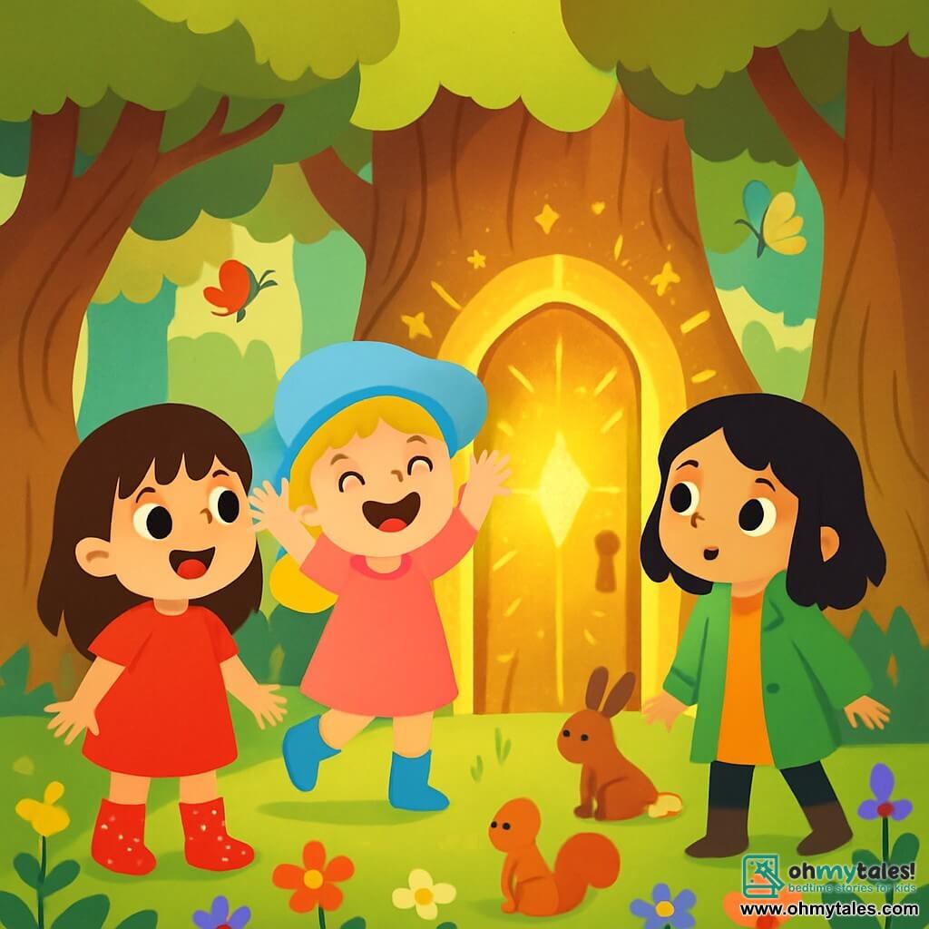There are 3 characters: Mia, a 7-year-old girl with brown hair and sparkling eyes, wearing shiny red boots that shimmer like stars, standing on the left, smiling and full of energy; Luna, a 6-year-old girl with blonde hair and a soft blue hat like a cloud, in the center, laughing and raising her arms; and Ivy, an 8-year-old girl with black hair and a bright green coat, on the right, curiously looking at the magic door of the tree. The setting is an enchanted forest filled with giant, gnarled trees and colorful flowers sparkling in the sunlight. In the center, a majestic tree has a magical door shimmering in yellow and gold, surrounded by curious small animals and colorful butterflies. The main scene shows the three girls in front of the magic door, ready to enter a wonderful world, their eyes wide with wonder as bursts of light emanate from the door, promising a magical adventure.