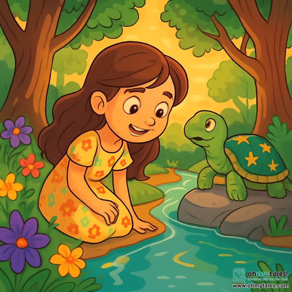 A 10-year-old girl, Lila, with long brown hair and sparkling curious eyes, stands at the edge of a shimmering river. She wears a light floral dress, and her face expresses a sense of wonder, illuminated by the soft setting sun. Nearby, a wise turtle, with a shell adorned with star patterns, rests on a rock, watching Lila with kind and wise eyes. The setting is an enchanted forest, where majestic trees with gnarled trunks rise toward the sky, their shiny leaves dancing in the breeze. Colorful flowers blanket the ground, adding touches of purple, yellow, and red to this vibrant scene. The main situation shows Lila, fascinated by her reflection in the clear water, attentively listening to the wise words of the turtle, as the murmur of the river creates a soothing melody around them.