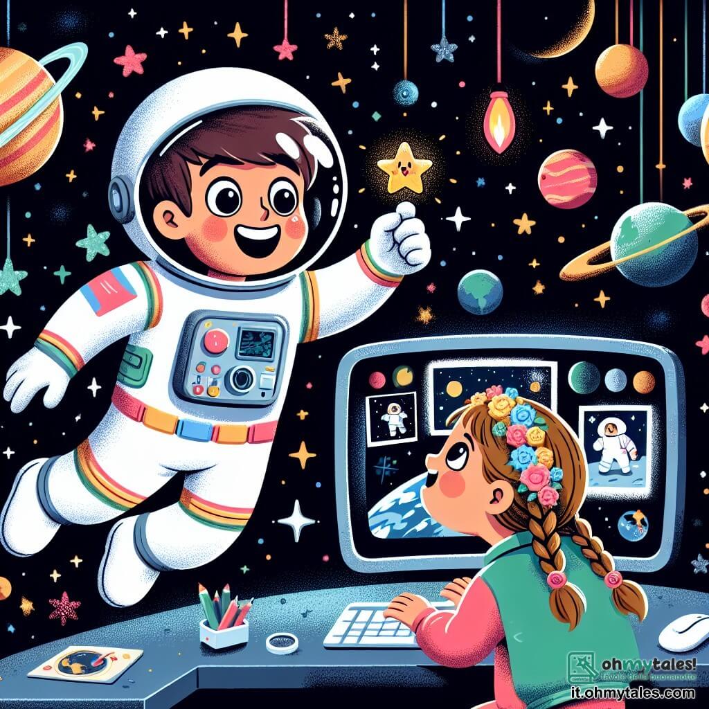 Un astronauta uomo, sorridente ed entusiasta, fluttua nello spazio, indossando una tuta spaziale bianca con dettagli colorati. Ha capelli castani e indossa un casco trasparente che mostra il suo viso raggiante di gioia. Tiene in mano una piccola stella brillante, meravigliato dalla sua scoperta. Vicino a lui, una ragazza di 8 anni, con capelli biondi intrecciati e occhiali, guarda l'astronauta con occhi spalancati. È seduta davanti a un computer in una stazione spaziale, circondata da grafici e foto di pianeti. Lo sfondo è uno spazio intergalattico, pieno di stelle scintillanti e pianeti colorati, con la Terra blu e verde che galleggia maestosa nell'immensità nera dello spazio. La scena principale mostra l'astronauta che condivide la sua scoperta con la ragazza, che sogna di diventare astronauta un giorno. Si scambiano sorrisi e idee, circondati dalla bellezza dell'universo.