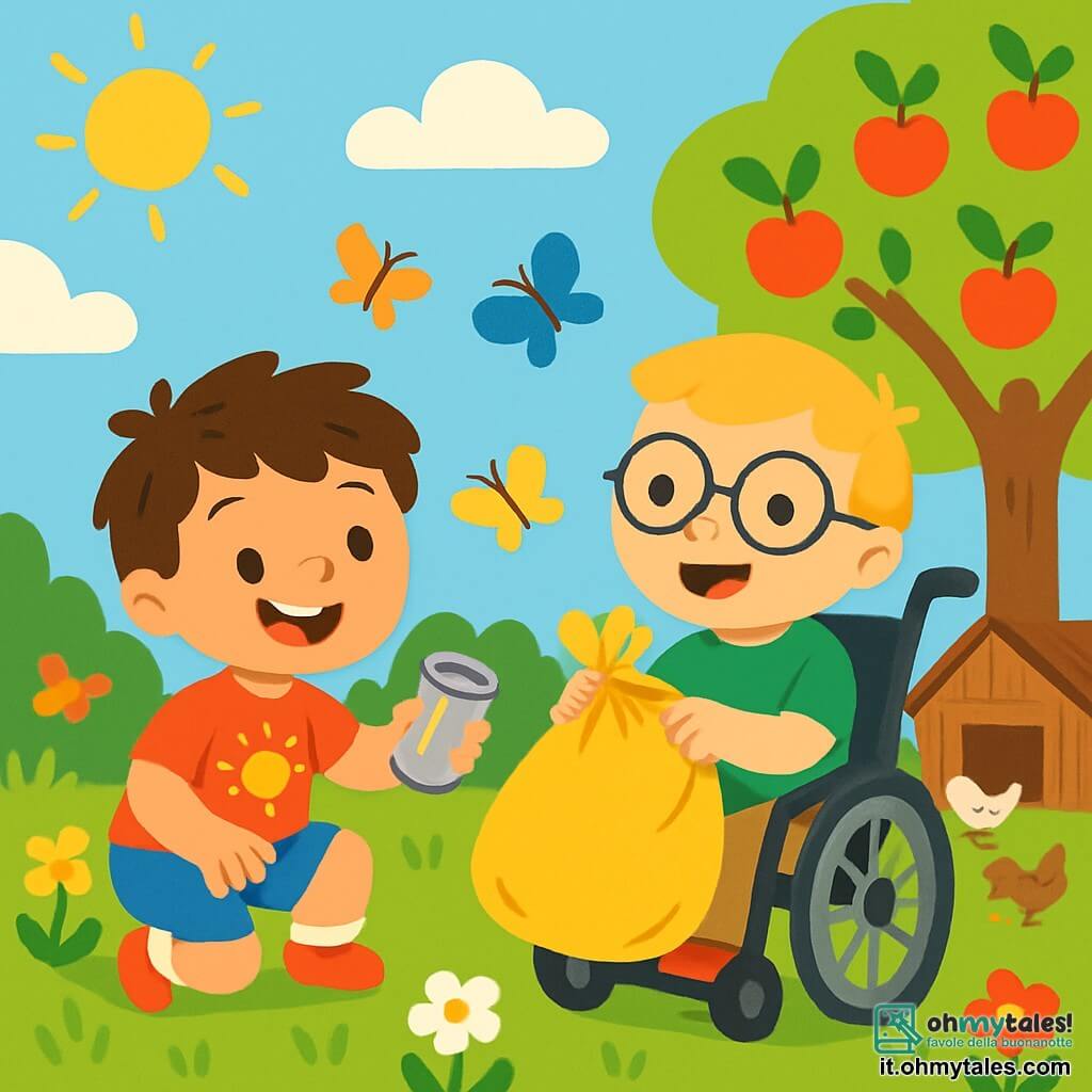 Ci sono 2 personaggi principali: - Luca: un bambino di 3 anni, con capelli castani disordinati e un sorriso splendente. Indossa una maglietta rossa con un disegno di sole e pantaloni corti blu. È accovacciato, tenendo una lattina nella mano destra, pronto a metterla in un sacco. - Marco: un bambino di 3 anni, con capelli biondi e occhiali rotondi. È seduto nella sua sedia a rotelle, vestito con una maglietta verde e pantaloni beige. Sorride felicemente mentre tiene un sacco di rifiuti che ha già riempito. La scena principale si svolge in un giardino di fattoria soleggiato, circondato da fiori colorati e alberi da frutto. Sullo sfondo si vede un vecchio edificio di legno, tipico delle fattorie, con galline che becchettano il terreno e un cielo blu punteggiato di nuvole bianche e soffici. La situazione principale della storia mostra Luca e Marco mentre puliscono il giardino, raccogliendo rifiuti per aiutare la natura. Luca è inclinato in avanti, mentre Marco, con un grande sorriso, incoraggia il suo amico a continuare. Farfalle colorate volano intorno a loro, aggiungendo un tocco di magia alla loro bella azione ecologica.