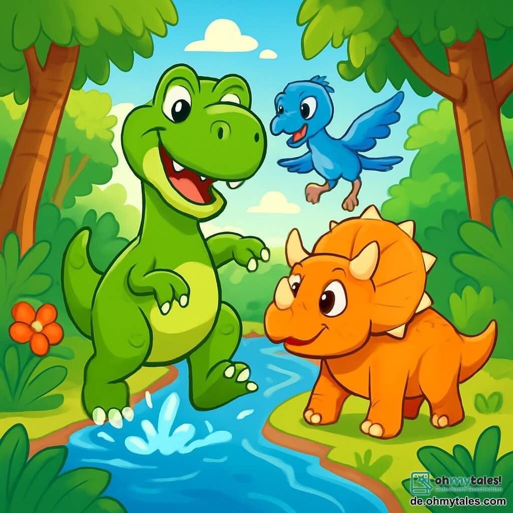 Ein junger Tyrannosaurus Rex namens Timo, mit leuchtend grüner Haut und neugierigen Augen, steht im Mittelpunkt des Bildes und zeigt ein großes, enthusiastisches Lächeln. Neben ihm steht ein Triceratops namens Tina, mit majestätischen Hörnern und orangefarbener Haut, die Timo bewundernd ansieht und bereit ist, ihn auf seinem Abenteuer zu begleiten. Ein kleiner Velociraptor namens Vicky, mit lebhaftem blauen Gefieder und schelmischen Augen, springt fröhlich um sie herum und bringt Energie in die Szene. Die Kulisse ist ein dichter prähistorischer Dschungel mit großen, dicken Baumstämmen, üppigen Blättern und bunten Blumen, die unter einem sonnigen Himmel blühen. Das Licht filtert durch die Äste und erzeugt tanzende Muster auf dem Boden. Die Hauptsituation zeigt Timo, Tina und Vicky, die sich darauf vorbereiten, einen breiten Fluss zu überqueren, mit Wasserspritzern um sie herum, was ihren Mut und ihre Entschlossenheit zeigt, den Weisen des Gartens zu finden.