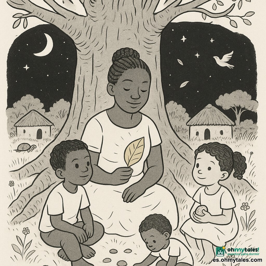 Una mujer adulta llamada Nala, rostro redondo, piel oscura, cabello trenzado en moño, mirada dulce y sonrisa serena, sentada al pie de un gran baobab sosteniendo delicadamente una hoja dorada que brilla suavemente; a su izquierda un niño de unos 7 años de cabello corto y ojos curiosos, manos en las rodillas escuchándola; a su derecha una niña de unos 5 años con coletas rizadas y vestido sencillo, inclinando la cabeza y sosteniendo una pequeña mango; dos niños más pequeños (niño de 3 y niña de 2) juegan con piedras junto a las raíces mirando a Nala; el baobab ocupa el centro con corteza gruesa y arrugada, raíces abultadas y ramas amplias que forman una bóveda, algunas hojas caen en remolinos; alrededor chozas redondas de adobe con techos de paja, hierba alta con flores silvestres y siluetas lejanas de tortuga y ave; cielo nocturno estrellado con luna delgada, ambiente cálido y tranquilo, luz suave sobre los rostros, composición simple y contrastes nítidos, texturas de corteza y telas resaltadas para un acabado en tinta fina.