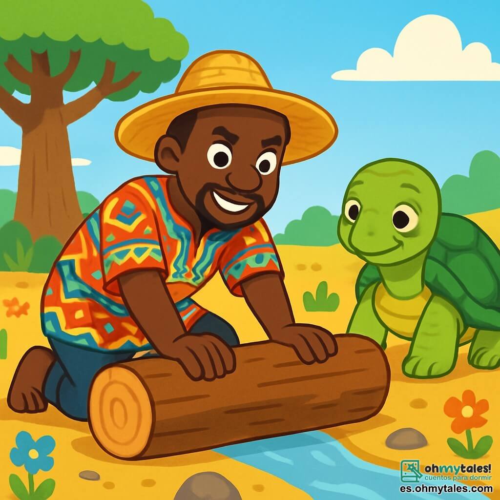 Kofi, un hombre africano de unos cuarenta años, tiene la piel de un marrón cálido y ojos llenos de determinación. Lleva un sombrero de paja y una túnica colorida con patrones tradicionales. Kofi está agachado, con las manos sobre un gran tronco de madera, su rostro expresa concentración y fuerza. A su lado, una tortuga anciana, con un caparazón verde y ojos sabios, observa atentamente la escena, como si estuviera ahí para animar a Kofi. Al fondo, el paisaje está dominado por un gran baobab de ramas anchas y frondosas, y un cielo azul brillante. El suelo está salpicado de flores coloridas y pequeñas piedras, creando una atmósfera viva y alegre. La situación principal muestra a Kofi y la tortuga trabajando juntos para despejar el tronco que bloquea el curso de un arroyo, simbolizando su determinación para devolver la alegría y la vida al pueblo.