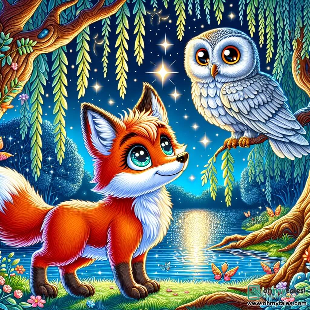 A young fox with a fiery red coat and sparkling eyes full of curiosity and determination stands at the edge of a shimmering lake under the moonlight. She looks hopefully at the waters that are beginning to fill again, her nose slightly raised and her tail wrapped around her paws. Beside her, a large owl with silver feathers and wise, bright eyes floats in the air, observing the scene with a proud and encouraging gaze. It perches on a branch of a majestic tree, its wings spread, ready to offer support. In the background, an old weeping willow with drooping branches, its leaves sparkling like stars, surrounds the lake, creating a magical and soothing atmosphere. The sky is dotted with bright stars, and a gentle breeze makes the leaves dance. The main scene shows the hopeful and courageous fox restoring the lake's magic while the owl watches over her, symbolizing friendship and support in this enchanted adventure.