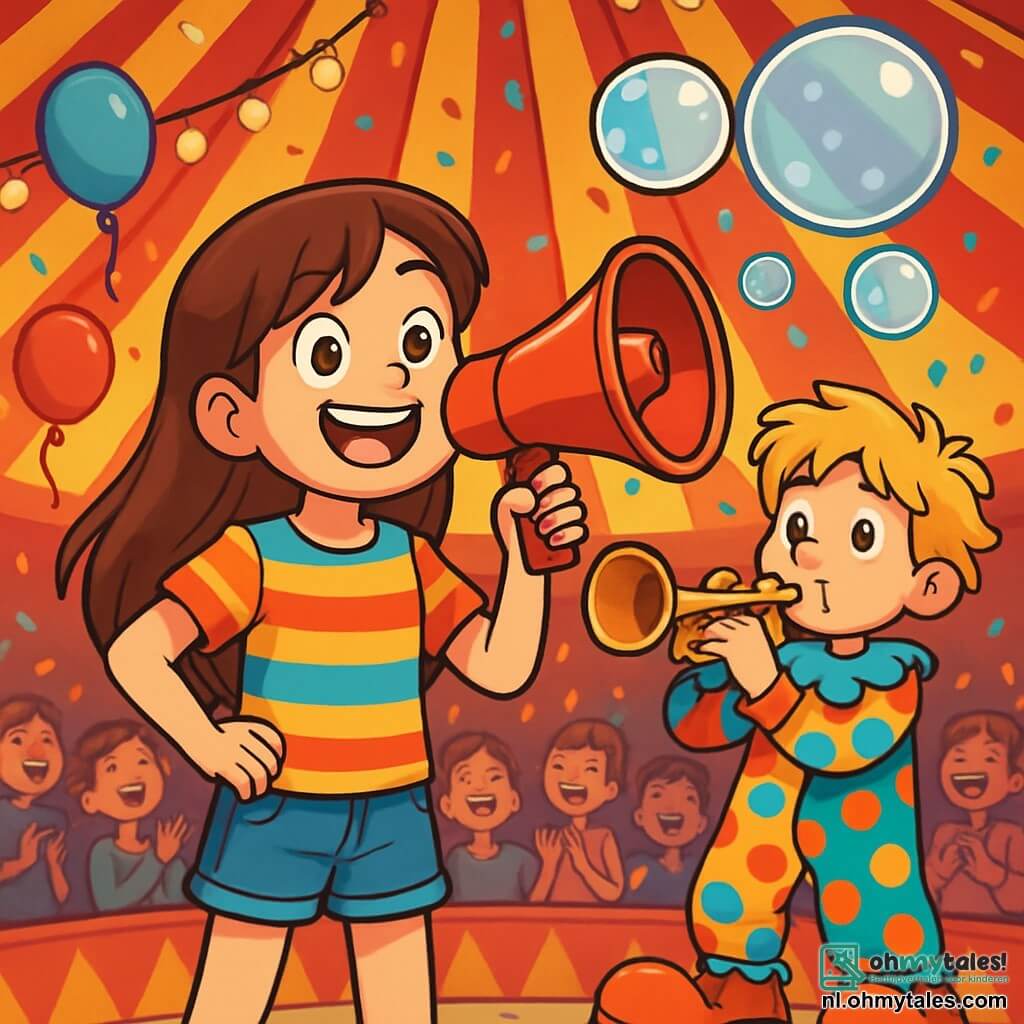 Een 12-jarig meisje, Suzy, met lange bruine haren en sprankelende ogen van opwinding, staat in het midden van het podium met een grote rode megaphone in haar hand. Ze draagt een kleurrijk gestreept t-shirt en een spijkerbroekshort, haar gezicht straalt van vreugde en vastberadenheid. Naast haar staat Pierre, een 11-jarig jongen met rommelig blond haar en een verlegen glimlach, die op een trompet blaast die fonkelende bellen produceert. Hij draagt een kleurrijk clownskostuum met opvallende patronen en grote schoenen. De achtergrond is die van een levendige circustent, met rode en gele strepen, vol met fonkelende lichten en verwonderde toeschouwers. Ballonnen zweven in de lucht en confetti valt zachtjes om hen heen. De hoofdscène toont Suzy en Pierre in volle uitvoering, waarbij Suzy grappen in de megaphone fluistert terwijl Pierre gigantische bellen maakt die boven het publiek knappen, wat gelach en applaus oproept.