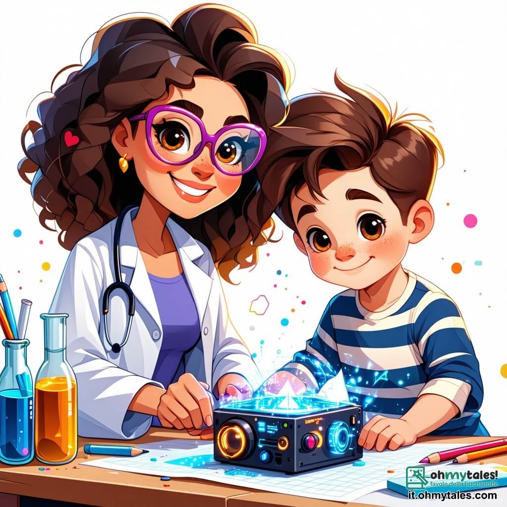 Carla, un'inventrice entusiasta, è una donna dai capelli ricci e con occhiali a forma di cuore. Indossa un camice da laboratorio colorato e un grande sorriso illumina il suo volto mentre aggiusta un dispositivo brillante su un tavolo. Accanto a lei, Marco, un ragazzo di 10 anni con capelli castani disordinati e una maglietta a righe, guarda con meraviglia il congegno, gli occhi spalancati per curiosità. Sofia, una ragazza di 9 anni con trecce bionde, tiene un quaderno da schizzi e abbozza idee, seduta su una sedia vicina, piena di entusiasmo. Il laboratorio è un luogo magico, pieno di macchine strane, piani appesi ai muri e colori vivaci. Gli scaffali straripano di attrezzi, pezzi meccanici e barattoli di materiali vari, mentre una grande finestra lascia entrare la luce del sole, illuminando lo spazio. La scena principale mostra Carla che presenta la sua invenzione, un dispositivo che proietta immagini colorate, mentre i bambini la osservano con fascinazione, impazienti di scoprire le meraviglie dell'immaginazione.