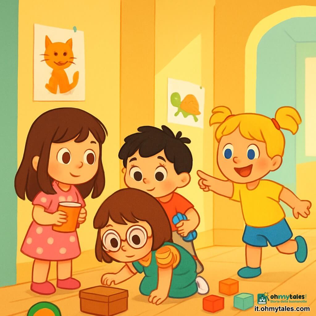 Ci sono 4 bambini: - Anna: una bambina di 3 anni con lunghi capelli castani e occhi brillanti. Indossa un vestito rosa con pois bianchi e tiene un piccolo quaderno. È in piedi a sinistra, guardando con curiosità. - Bea: una bambina di 3 anni con capelli biondi raccolti e un sorriso radioso. Indossa una maglietta gialla e pantaloni corti blu. È a destra di Anna, mentre indica il corridoio. - Chiara: una bambina di 3 anni con capelli castani e occhiali rotondi. Indossa una salopette verde e una maglietta a righe. È accovacciata al centro, osservando attentamente il pavimento. - Giò: un bambino di 3 anni con capelli neri disordinati e guance rosate. Indossa una maglietta rossa e pantaloni beige. È dietro Chiara, tenendo un piccolo giocattolo a forma di chiave. Il luogo è un corridoio luminoso e accogliente, con pareti dipinte di giallo pastello. Disegni di animali colorati sono appesi alle pareti. Il pavimento è in legno chiaro e una luce soffusa filtra attraverso una finestra, creando un'atmosfera calda e gioiosa. I quattro bambini sono impegnati in un'indagine, incuriositi da un misterioso ticchettio proveniente dal corridoio. Si piegano, ascoltano attentamente e scambiano idee, circondati da giocattoli sparsi e una piccola scatola di legno che attira la loro attenzione.
