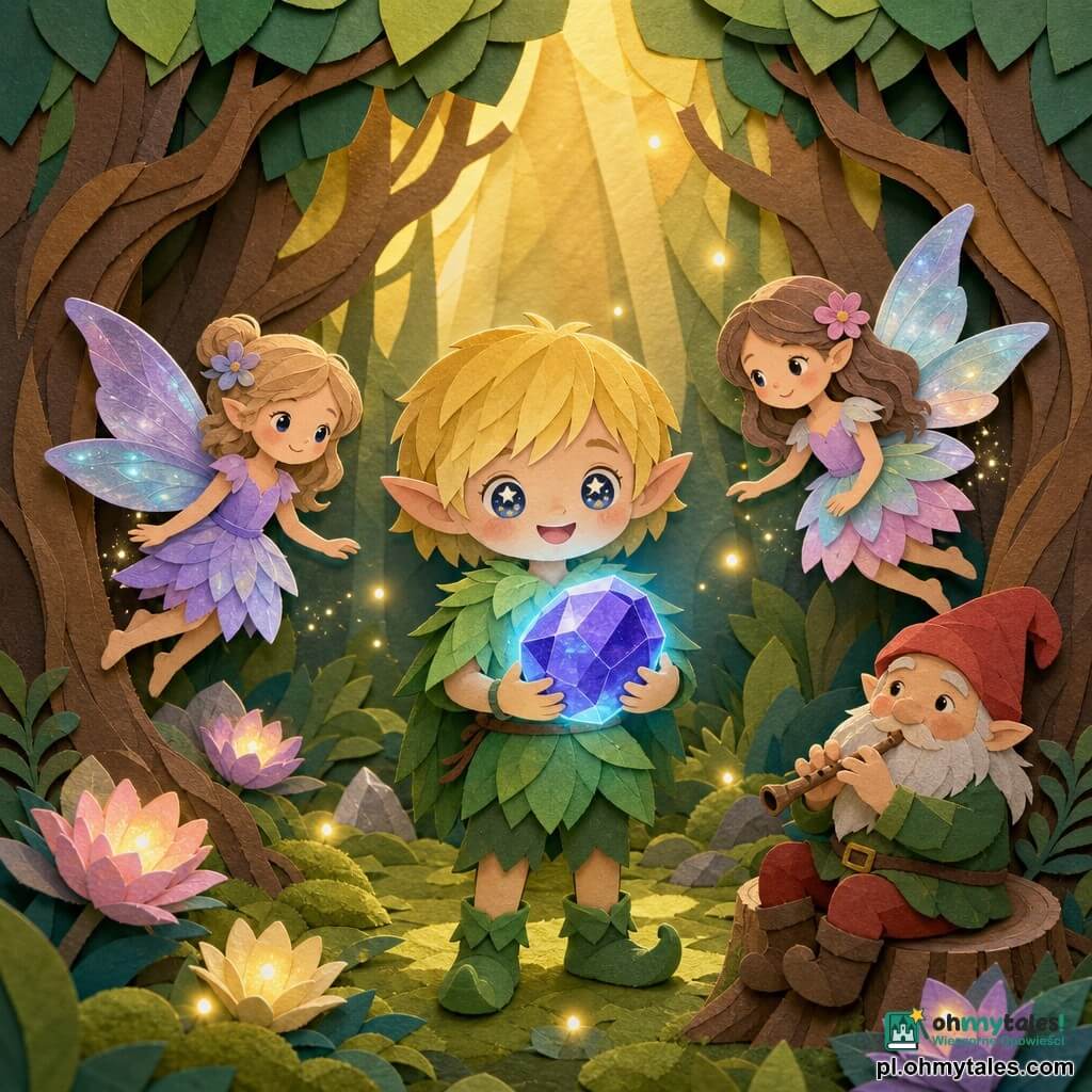 Elf Liri, chłopiec, stoi w centrum zachwycony i uśmiechnięty, z krótkimi lśniącymi blond włosami i wielkimi gwiaździstymi oczami, w zielonym stroju liścia, delikatnie trzyma dużą świecącą niebieską ametyst; po obu stronach unoszą się dwie małe wróżki, dziewczynki, z perłowymi skrzydłami i pastelowymi sukienkami, ochronne i życzliwe, z miękkimi spojrzeniami i iskrzącym pyłem; na krawędzi polany siedzi żartobliwy krasnal, brodaty mężczyzna w czerwonym kapeluszu, na pniu grający na małej flecie i uśmiechający się; polana otoczona jest przez skręcone drzewa z wielkimi korzeniami, dywan zielonego mchu, świecące kwiaty, złote pasy światła słonecznego i unoszące się świetliki; sytuacja: Liri właśnie znalazł ametyst ukryty w korzeniach starożytnego drzewa, ametyst emituje łagodne niebieskie światło rozświetlające twarze, atmosfera magiczna i kojąca, kompozycja skupiona i czytelna dla dziecka.