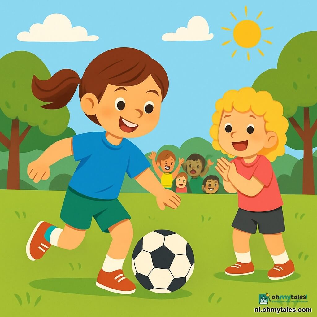Een meisje, Lisa, van ongeveer 8 jaar, met een glimlach en vol energie, draagt een felblauw t-shirt en een groene short. Ze dribbelt een voetbal op een groot groen veld. Haar bruine haar is in een paardenstaart vastgebonden die meebeweegt met haar bewegingen. Dichtbij juicht haar beste vriendin, een 8-jarig meisje met krullend blond haar, vrolijk. Ze draagt een roze t-shirt en een zwarte short en staat klaar om de bal te ontvangen. Het voetbalveld is groot, omringd door hoge groene bomen onder een heldere blauwe lucht. De zon schijnt, wat een vrolijke en dynamische sfeer creëert. Lisa is geconcentreerd, klaar om de bal naar haar vriendin te passen, terwijl een lichte bries het gras om hen heen laat bewegen. De twee meisjes worden omringd door een groep kinderen die hen aanmoedigen, wat een sfeer van kameraadschap en plezier creëert.