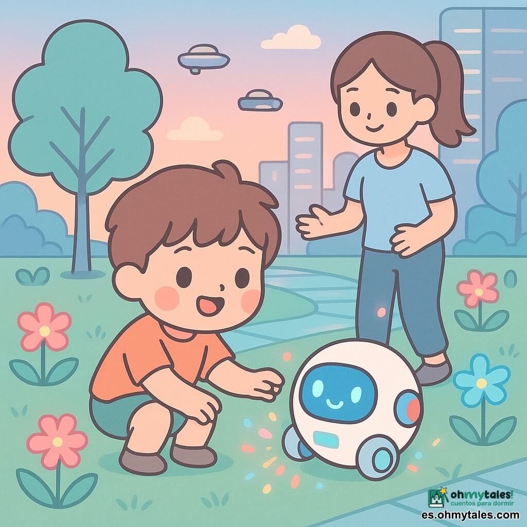 Niño de 4 años de rostro redondo, pelo castaño alborotado, mejillas rosadas y sonrisa asombrada, agachado para tocar a Riki, un pequeño robot redondo de metal blanco y paneles luminosos con ojos-píxel azules; una madre de ~30 años con coleta y ropa informal lo observa con cariño desde atrás. Parque urbano futurista al crepúsculo con césped verde, flores neón rosa y cian, senderos transparentes, árboles de troncos plateados y edificios de vidrio; atmósfera cálida y curiosa, luces suaves y paleta pastel (rosa, celeste, verde menta) con acentos neón, estilo kawaii minimal de formas redondeadas y contornos finos, composición centrada para niños.