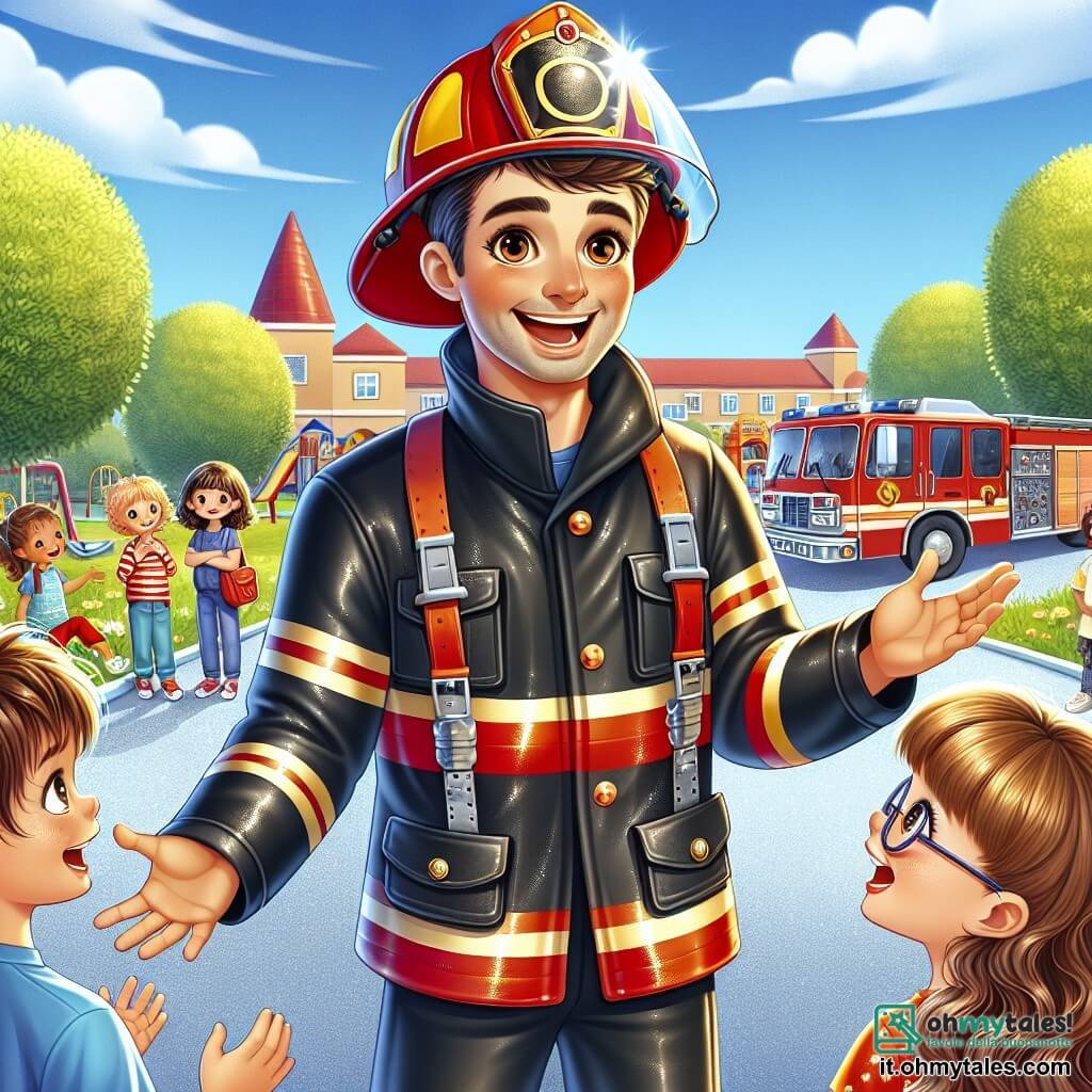 Un pompiere, un uomo dal sorriso caloroso, indossa una brillante uniforme rossa e nera, con un casco lucido che riflette il sole. Sta parlando con entusiasmo a un gruppo di bambini, i suoi occhi brillano di eccitazione e orgoglio. Tra i bambini c'è Giulia, una ragazza di 8 anni con i capelli ricci e gli occhi spalancati, che lo ascolta ammirata, con le mani sui fianchi. Accanto a lei c'è Luca, un ragazzo di 9 anni con occhiali e una maglietta blu, che alza la mano per fare una domanda, il suo volto radioso di entusiasmo. La scena si svolge in un cortile scolastico soleggiato, circondato da alberi verdi e giochi per bambini, con un camion dei pompieri rosso brillante parcheggiato nelle vicinanze, le sue luci lampeggianti aggiungono un tocco di magia all'atmosfera. Il pompiere condivide storie affascinanti sul suo lavoro, mentre i bambini, affascinati, si immaginano eroi, pronti a imparare come aiutare gli altri e diventare futuri pompieri.