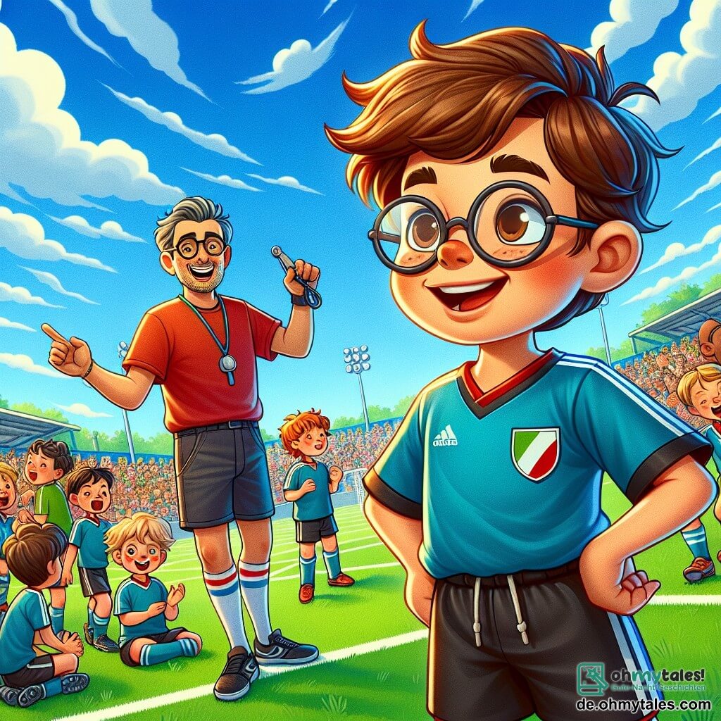 Ein 12-jähriger Junge, Max, steht am Rand eines Fußballfeldes, sein Gesicht strahlt vor Entschlossenheit und Aufregung. Er hat zerzauste braune Haare, runde Brille und trägt ein blaues Fußballtrikot mit einer schwarzen Shorts. Seine Augen leuchten vor Begeisterung, während er das Spiel beobachtet. Neben ihm ermutigt der Trainer, Herr Müller, ein etwa 40-jähriger Mann mit gepflegtem Bart und warmem Lächeln, die Kinder. Er trägt ein rotes T-Shirt und Shorts, hält eine Pfeife in einer Hand und ein Taktikboard in der anderen. Das Fußballfeld ist grün, umgeben von Holztribünen, auf denen Kinder und Eltern applaudieren. Der Himmel ist blau mit einigen weißen Wolken, und die Sonne scheint, was eine fröhliche und dynamische Atmosphäre schafft. Max gibt als Stratega Anweisungen an seine Mitspieler und zeigt auf eine Lücke in der gegnerischen Abwehr. Die Aufregung ist spürbar, und die Energie des Moments ist von Kameradschaft und Entschlossenheit geprägt.