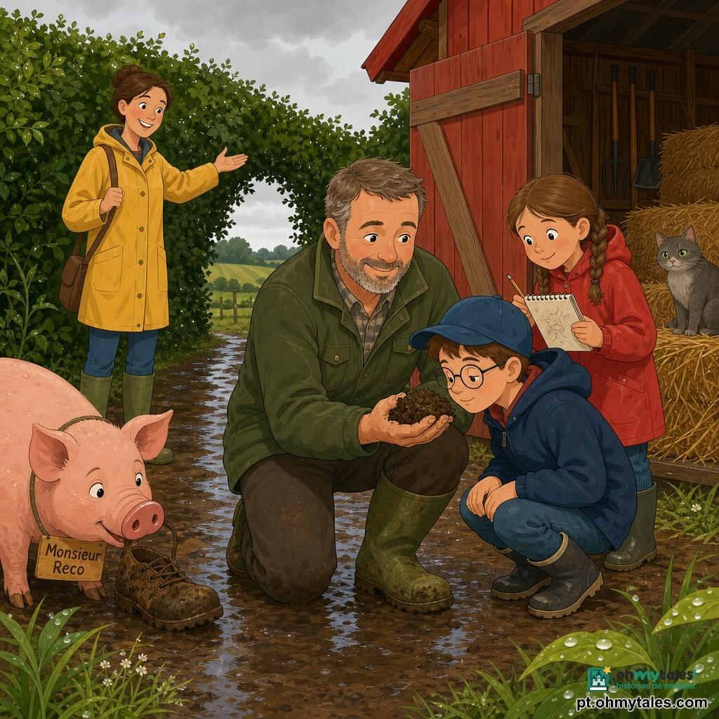 Um agricultor sorridente e sereno, rosto rondo, barba curta sal e pimenta, botas de borracha enlameadas e jaqueta verde, ajoelhado segurando um punhado de terra úmida; uma professora de ~30 anos com cabelo apanhado e impermeável amarelo, ao fundo à esquerda, indicando a cena; um menino de 8 anos, cabelo castanho curto, óculos e boné azul, agachado cheirando a terra; uma menina de 9 anos de tranças e casaco vermelho, atrás dele desenhando num caderninho; o porco “Senhor Reco” rosado farejando um sapato junto a uma portinhola de madeira aberta; um gato cinzento de olhos verdes sentado num monte de palha no canto do celeiro; quinta após a chuva: caminho de terra castanho escuro brilhante, relva com gotas, sebe densa formando túnel, pequeno campo ao fundo, celeiro vermelho com portas abertas, fardos de palha amarelos e ferramentas na parede; visita escolar calma e respeitosa, o agricultor mostra a terra úmida enquanto animais e celeiro criam ambiente acolhedor e protegido, luz suave de céu cinzento pérola e reflexos húmidos no chão; paleta: verdes profundos, castanhos quentes, vermelhos suaves, amarelo mostarda e cinzento pérola; formas limpas, contornos nítidos, sombras mínimas, textura plana e luminosa.