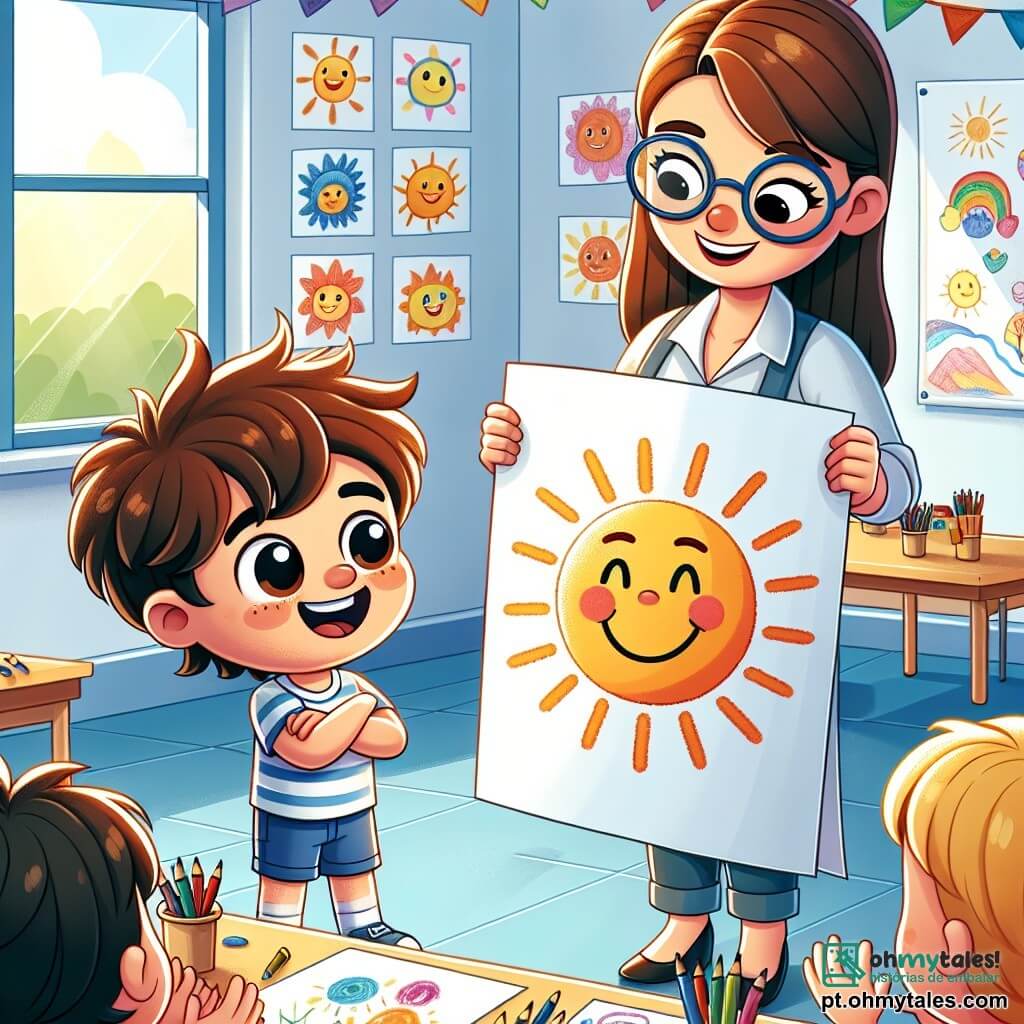 Um menino de 4 anos, Miguel, com cabelos castanhos bagunçados e grandes olhos brilhantes, está de pé diante de uma grande folha de papel. Ele tem um sorriso radiante e uma expressão de orgulho no rosto, segurando um lápis colorido na mão. Ao seu lado, a professora Ana, uma mulher de cerca de 30 anos com cabelos castanhos presos em um coque, observa com bondade, usando óculos e um sorriso encorajador. Ela está um pouco atrás, com os braços cruzados, admirando o desenho de Miguel. O local é uma sala de aula iluminada, com paredes decoradas com desenhos infantis e janelas que deixam entrar a luz do sol. A situação principal mostra Miguel, um pouco nervoso mas determinado, apresentando orgulhosamente seu desenho de um sol sorridente aos colegas e à professora, enquanto todos o aplaudem e encorajam, criando uma atmosfera alegre e calorosa.