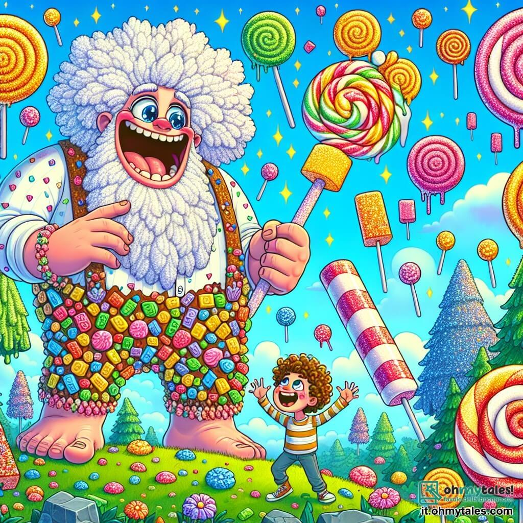 Un gigante felice di nome Gigi, con una barba di marshmallow e vestiti colorati fatti di caramelle, si piega in avanti con un grande sorriso, gli occhi brillanti di eccitazione. È circondato da caramelle scintillanti che cadono dagli alberi e tiene un enorme lecca-lecca in mano. Accanto a lui, Pipo, un bambino di circa 8 anni con capelli ricci e una maglietta a righe, alza le braccia in aria ridendo di gioia. Si trova su una piccola collina, guardando le caramelle che crescono attorno a loro. Lo scenario è un mondo magico, pieno di alberi con tronchi di zucchero filato e fiori cantanti dai colori vivaci, sotto un cielo blu punteggiato di nuvole a forma di marshmallow. La scena mostra Gigi e Pipo che celebrano insieme la magia delle caramelle, circondati da una moltitudine di creature incantate pronte a partecipare al Grande Festival delle Caramelle.