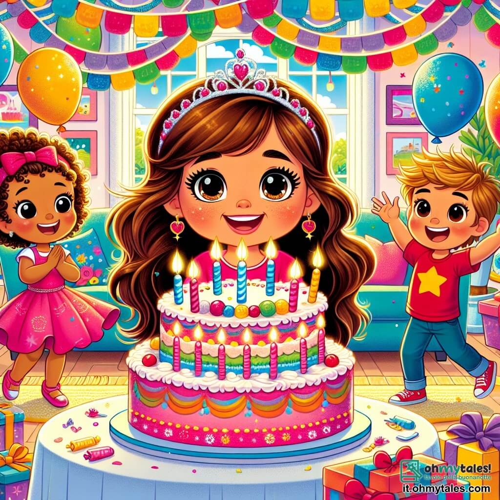 Una bambina di 4 anni, Sofia, con lunghi capelli castani e occhi scintillanti di gioia, si trova al centro della scena, sorridendo ampiamente mentre tiene una grande fetta di torta di compleanno decorata con candele colorate. Alla sua destra, il suo amico Marco, un ragazzo di 5 anni con capelli biondi arruffati e una maglietta rossa, applaude con entusiasmo, i suoi occhi brillano di eccitazione. Alla sua sinistra, Giulia, una ragazza di 4 anni con capelli ricci e un vestito rosa, balla gioiosamente tenendo un palloncino colorato. La scena si svolge in una cucina luminosa e festiva, decorata con ghirlande colorate e palloncini fluttuanti. Una grande tavola è coperta da una tovaglia a motivi festosi, con la torta di compleanno al centro, circondata da piccoli regali brillanti. Sofia è circondata dai suoi amici, pronta a spegnere le candeline, mentre un piccolo drago verde, Dodo, con ali scintillanti, fluttua sopra di loro, aggiungendo un tocco magico a questa festa di compleanno piena di risate e felicità.