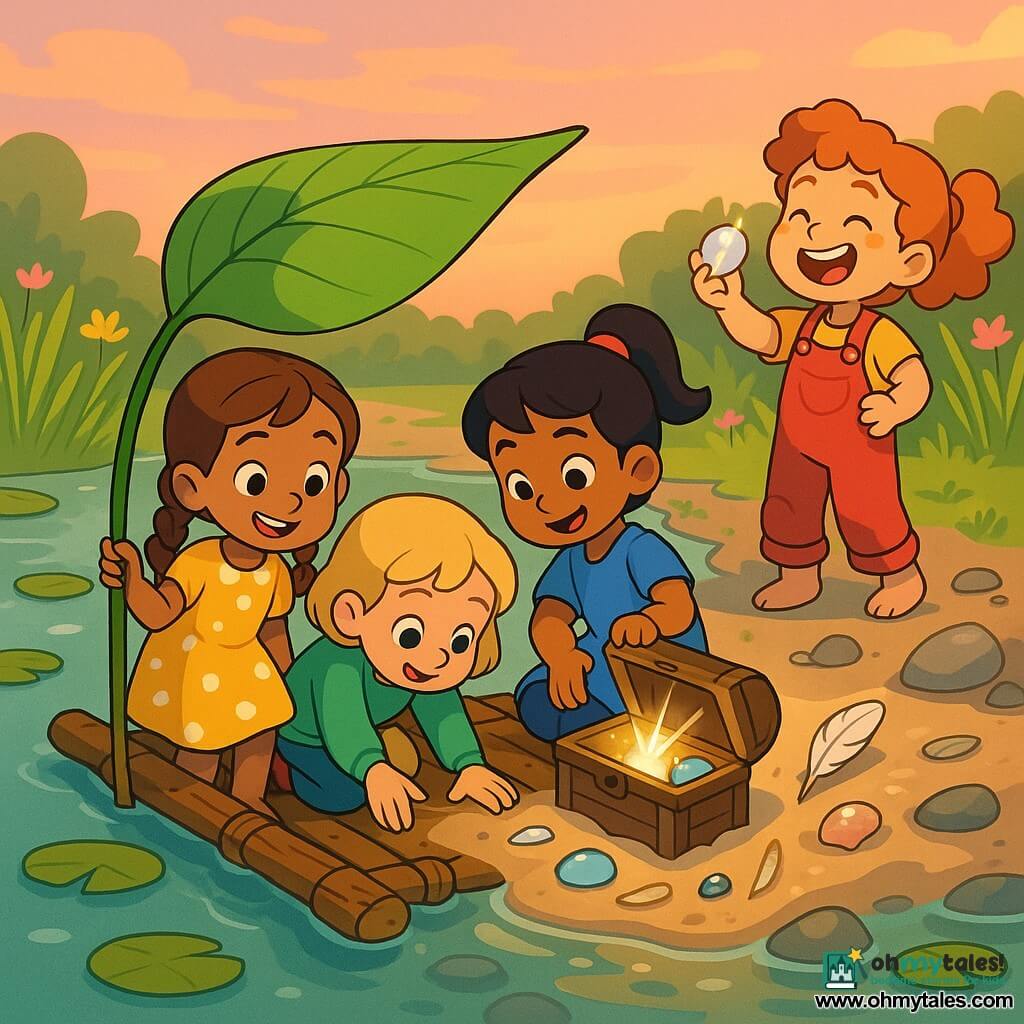 Four girls on a small raft of branches and a large leaf at the edge of a shallow, clear river with silver pebbles and floating green lilies under a soft pink-orange sunset: a ~7-year-old brown-haired girl in braids and a yellow polka-dot dress holding the raft's small sail at front left; a ~6-year-old fair-skinned girl with short blonde hair and a green sweater crouching center-left and reaching toward the water; a ~7-year-old tan girl with a black ponytail in a blue dress seated center-right lifting a small wooden chest partly buried in sand; and a ~5-year-old curly redhead in a red overall laughing in the background right holding a sparkling shell; all leaning together, faces full of wonder as shells, a feather and a tiny mirror glitter in the warm, joyful, wood-and-water textured scene.