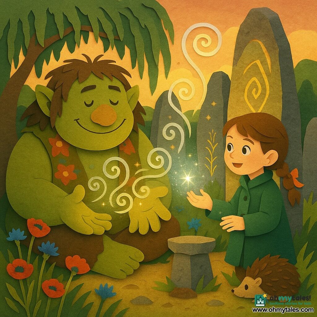 A benevolent male ogre with a round face, moss-green skin, tangled hair and a potato-shaped nose sits with open palms releasing silvery luminous swirls, wearing a patched floral vest; Liora, a lively ~10-year-old girl in a leaf-green coat with a braid tied with silver ribbons, stands at the center of a stone circle holding a shimmering mist as her eyes sparkle, while a small hedgehog curls beside a stone pedestal watching curiously; the scene is an ancient circle of moss-covered menhirs, wind-swept grass, saturated wildflowers (red poppies, blue cornflowers) and a weeping willow forming a green vault, the ground textured like torn pasted paper with crisp cutout shadows; together they release the "Breath of Origins," a translucent iridescent mist spiraling to touch each menhir and reveal golden patterns, centered composition, soft sunset light, warm tones and strong contrasts in a paper-cut style.